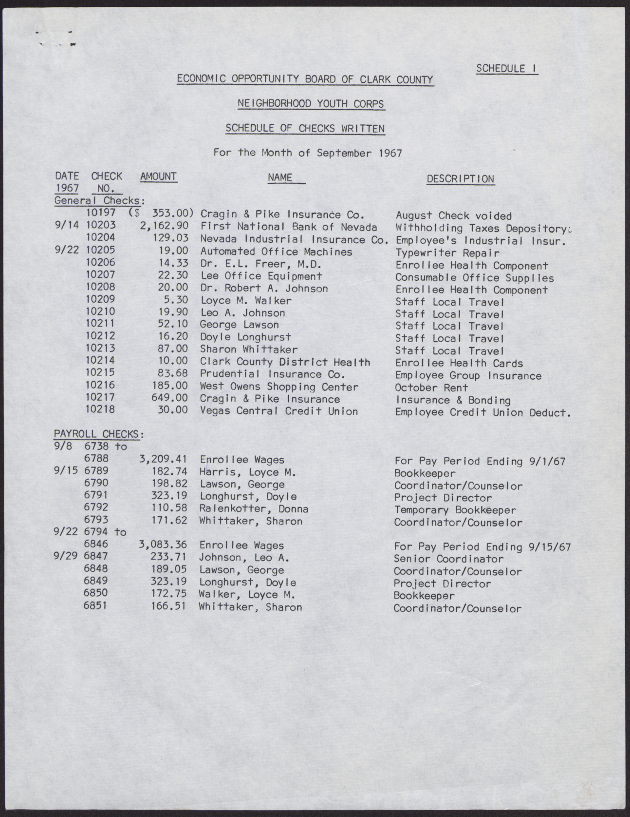 Economic Opportunity Board of Clark County Neighborhood Youth Corps Financial Position, Statement of Budgeted and Actual Expenditures, Schedule of Checks Written (3 pages), September 1967, page 3