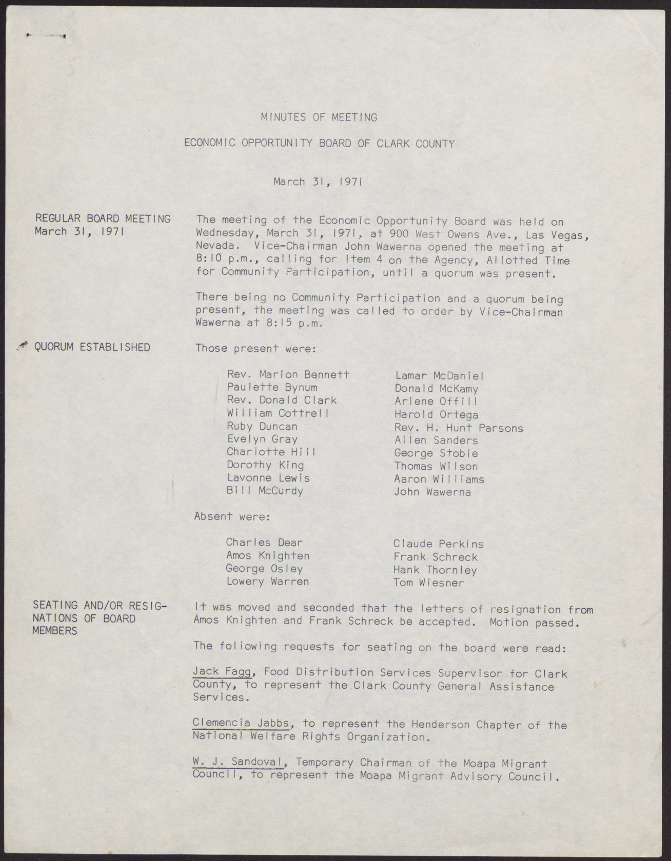 Minutes from Economic Opportunity Board meeting (9 pages), March 31, 1971