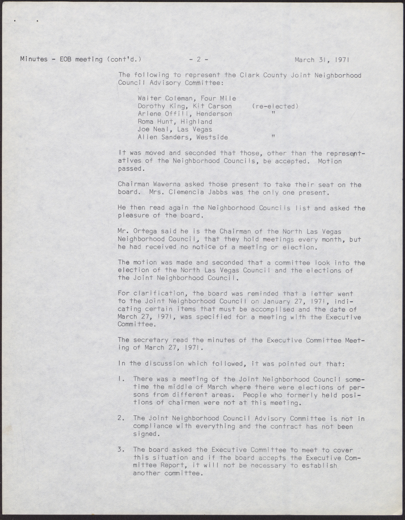 Minutes from Economic Opportunity Board meeting (9 pages), March 31, 1971, page 2