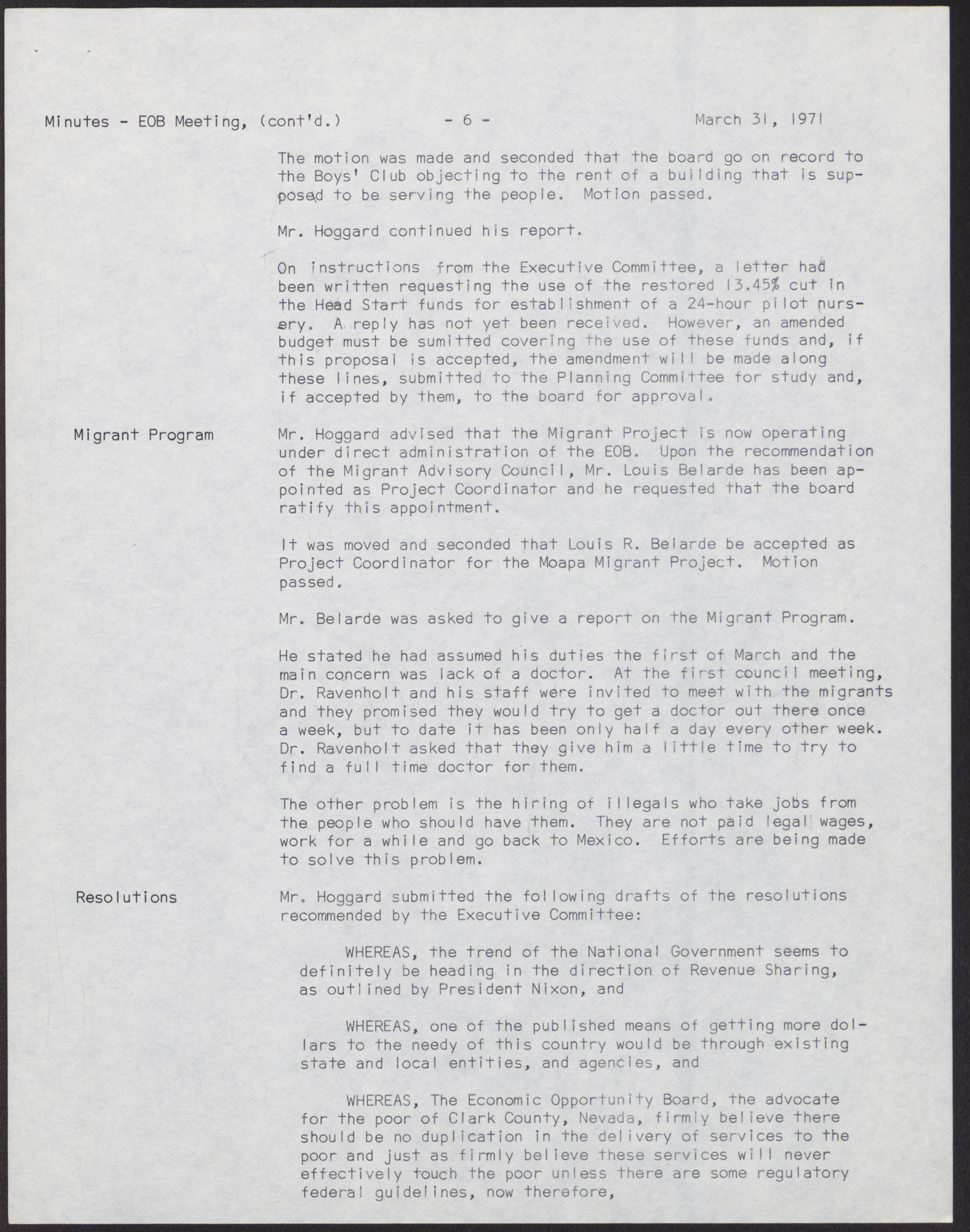 Minutes from Economic Opportunity Board meeting (9 pages), March 31, 1971, page 6