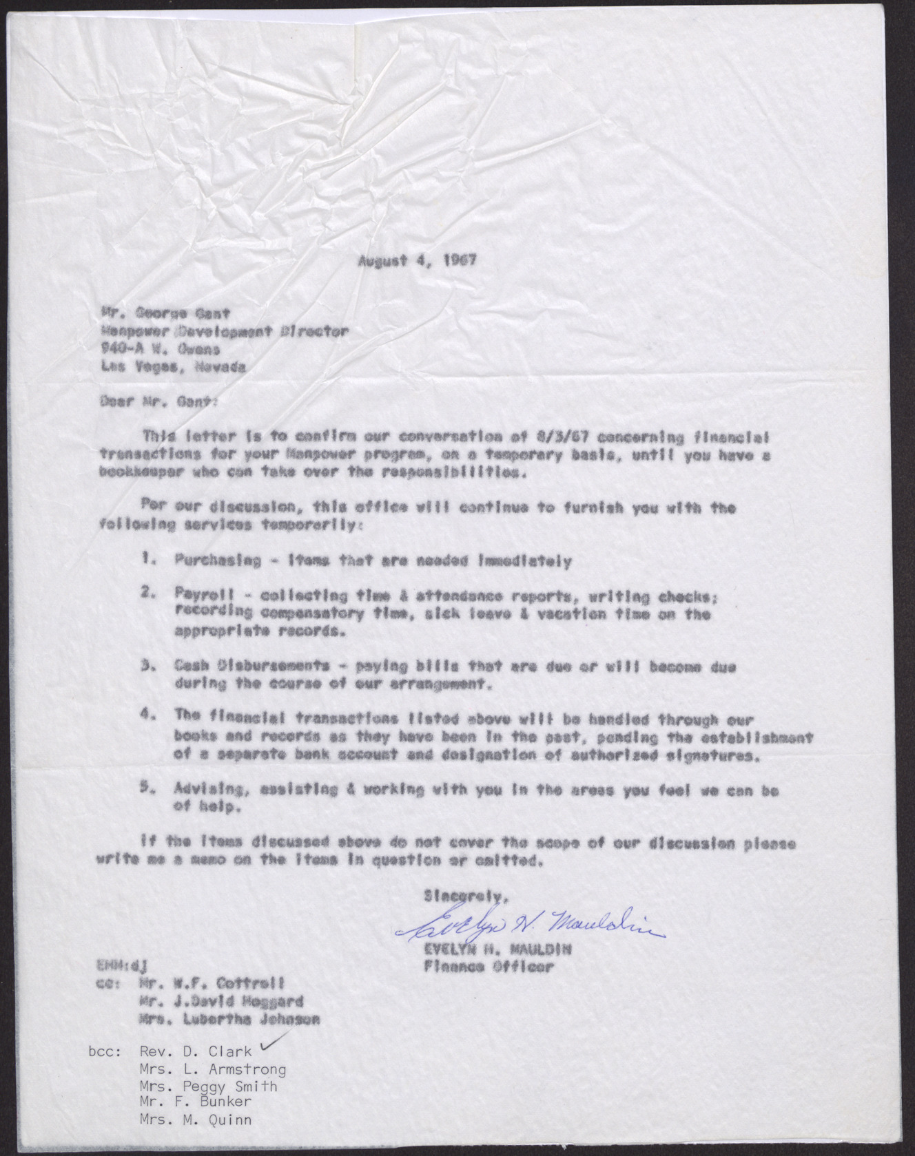 Letter to Mr. George Gant from Evelyn H. Maudlin, August 4, 1967