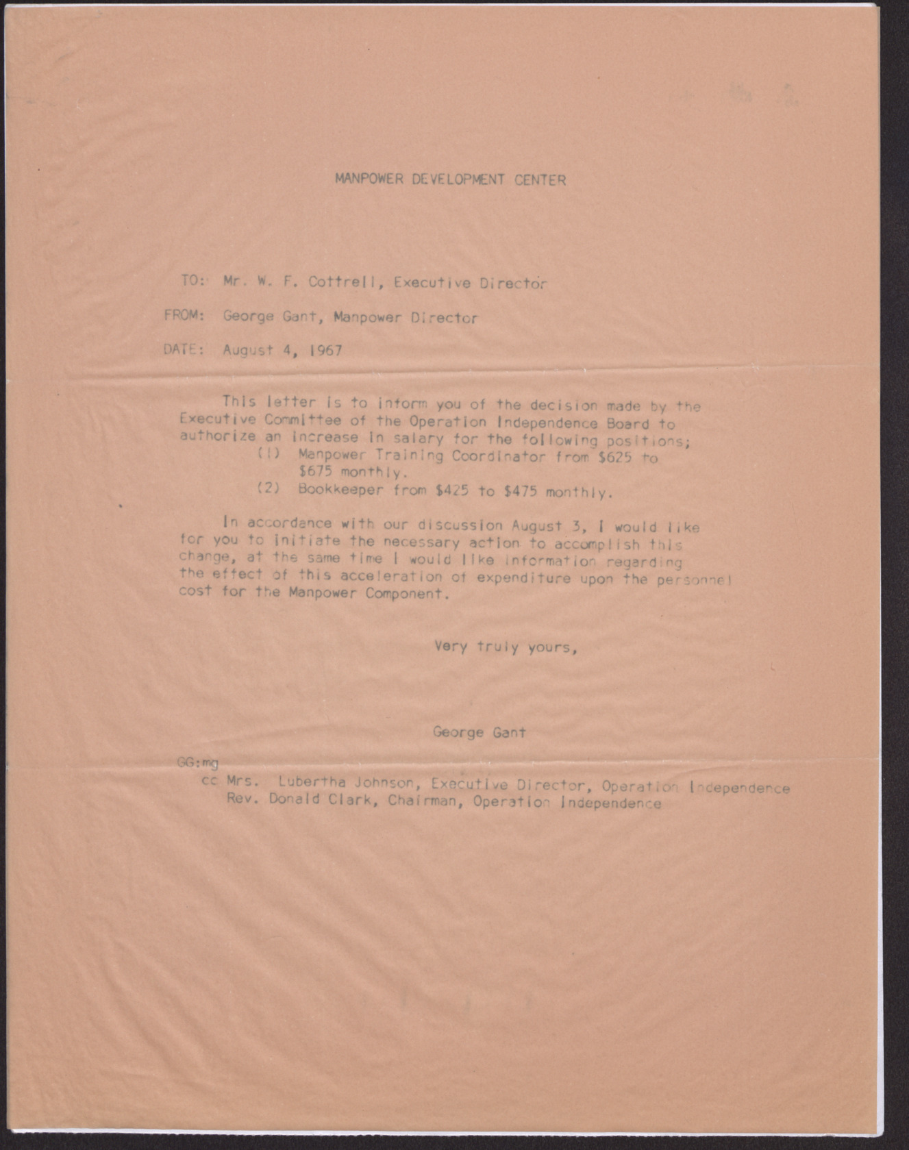 Letter to Mr. W. F. Cottrell from George Gant, August 4, 1967