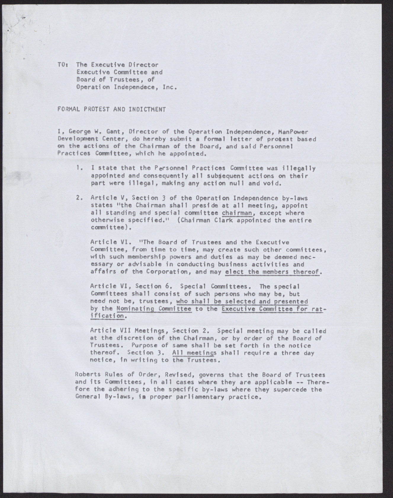 Letter to the Executive Director, Executive Committee and Board of Trustees of Operation Independence, Inc. from George W. Gant (4 pages), no date