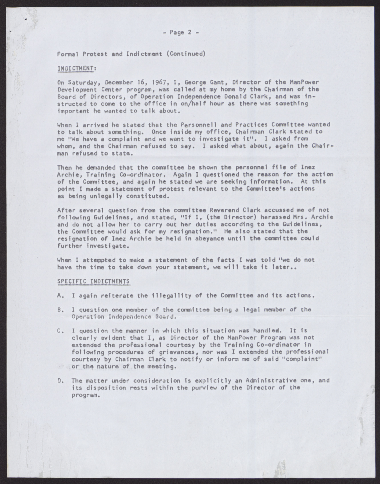 Letter to the Executive Director, Executive Committee and Board of Trustees of Operation Independence, Inc. from George W. Gant (4 pages), no date, page 2