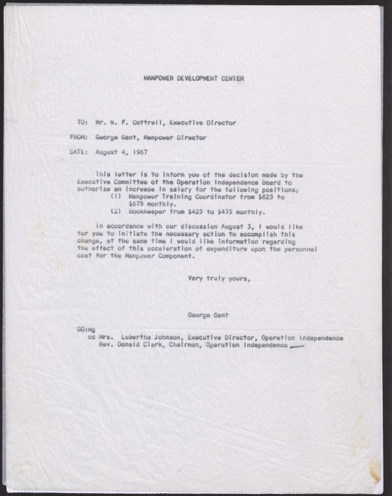 Letter to Mr. W. F. Cottrell from George Gant, August 4, 1967