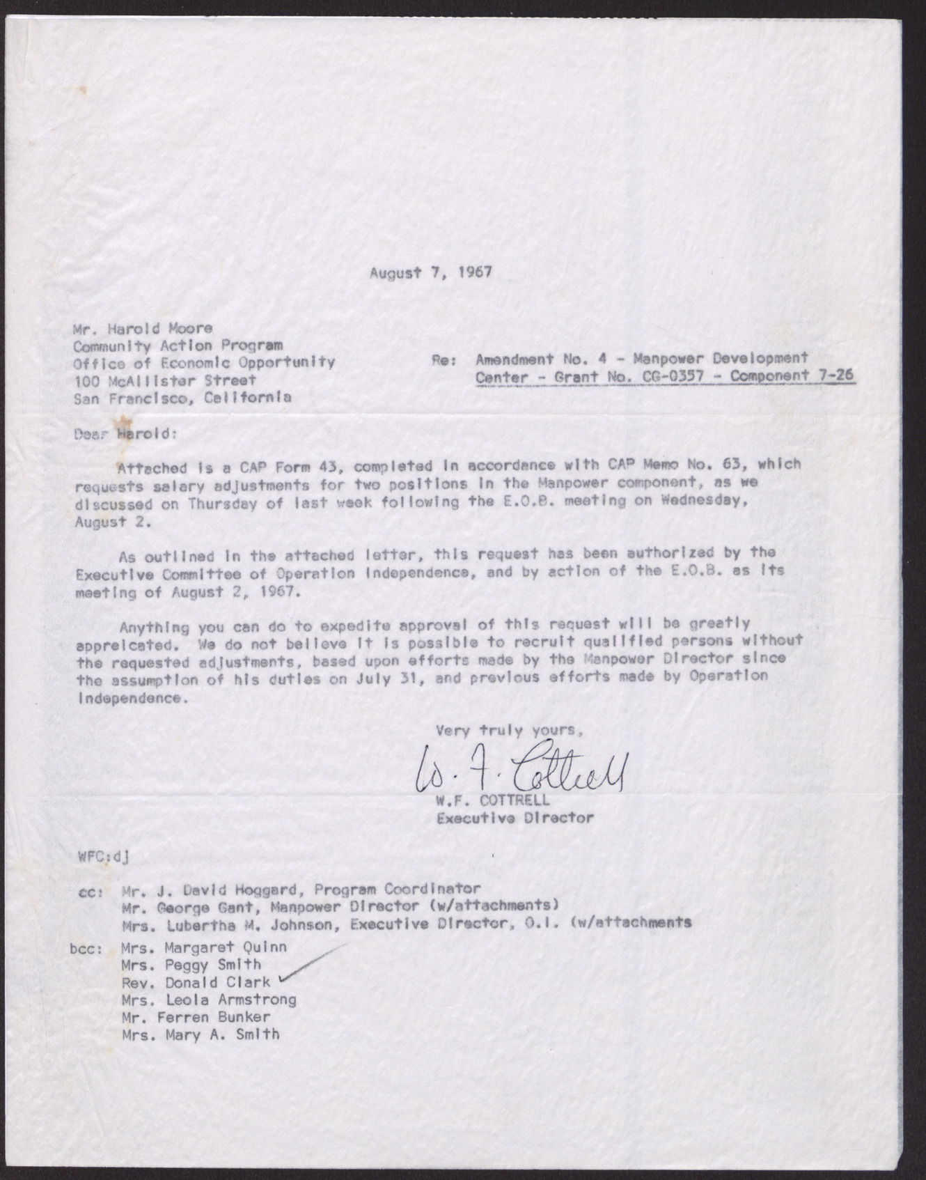 Letter to Mr. Harold Moore from W. F. Cottrell, August 7, 1967