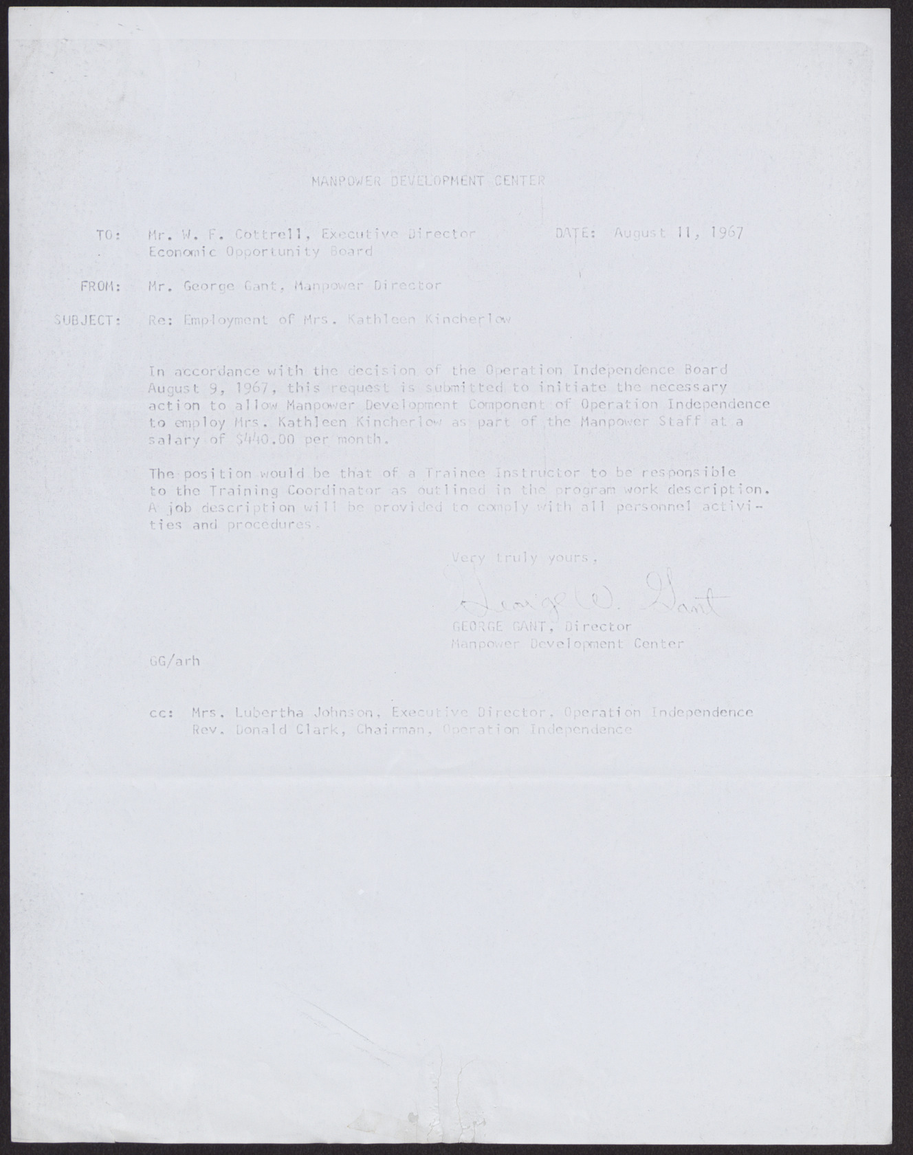 Copy of a letter to Mr. W. F. Cottrell from George Gant, August 11, 1967