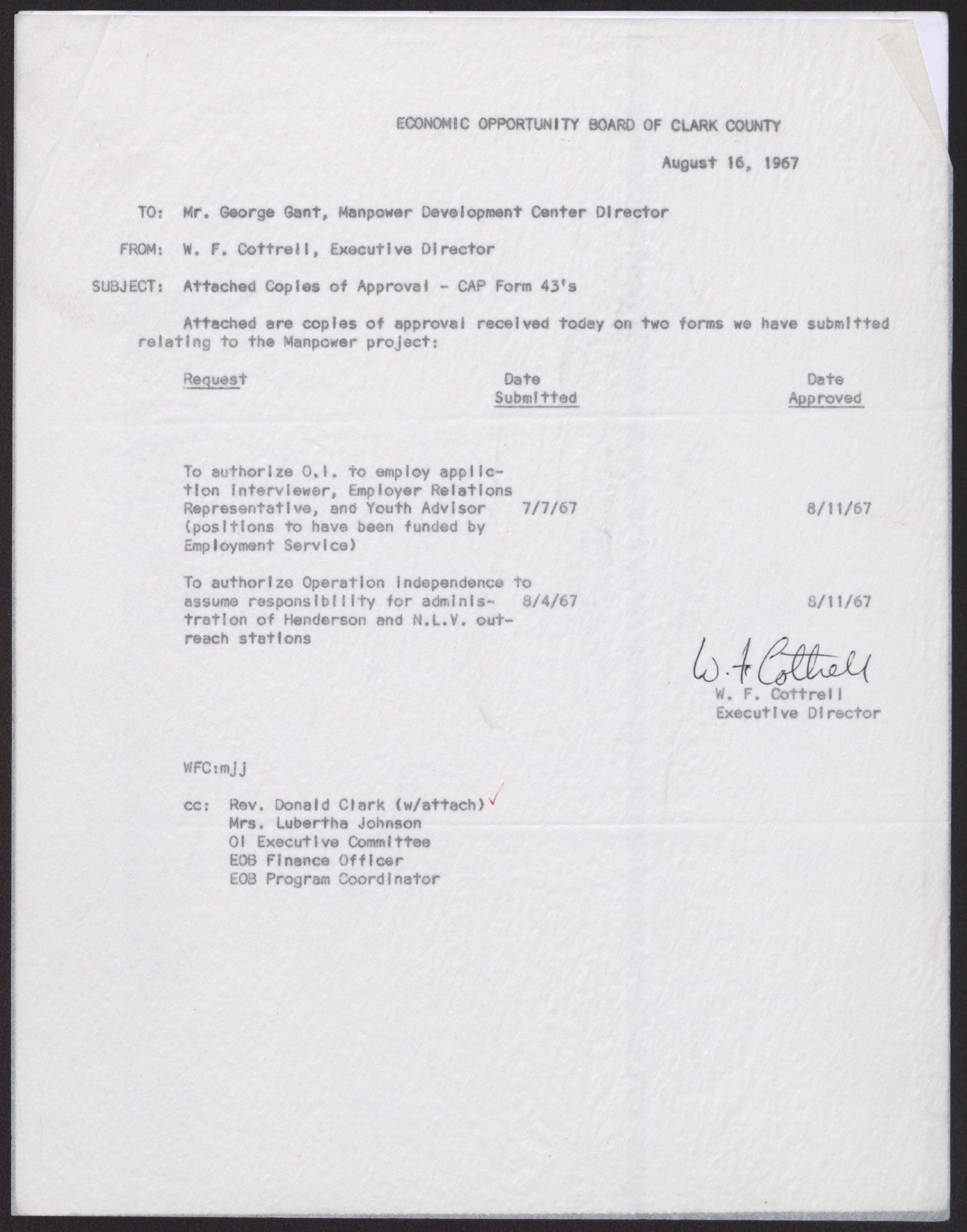Letter to Mr. George Gant from W. F. Cottrell with attached copies of approval papers relating to the Manpower project (4 pages), August 16, 1967