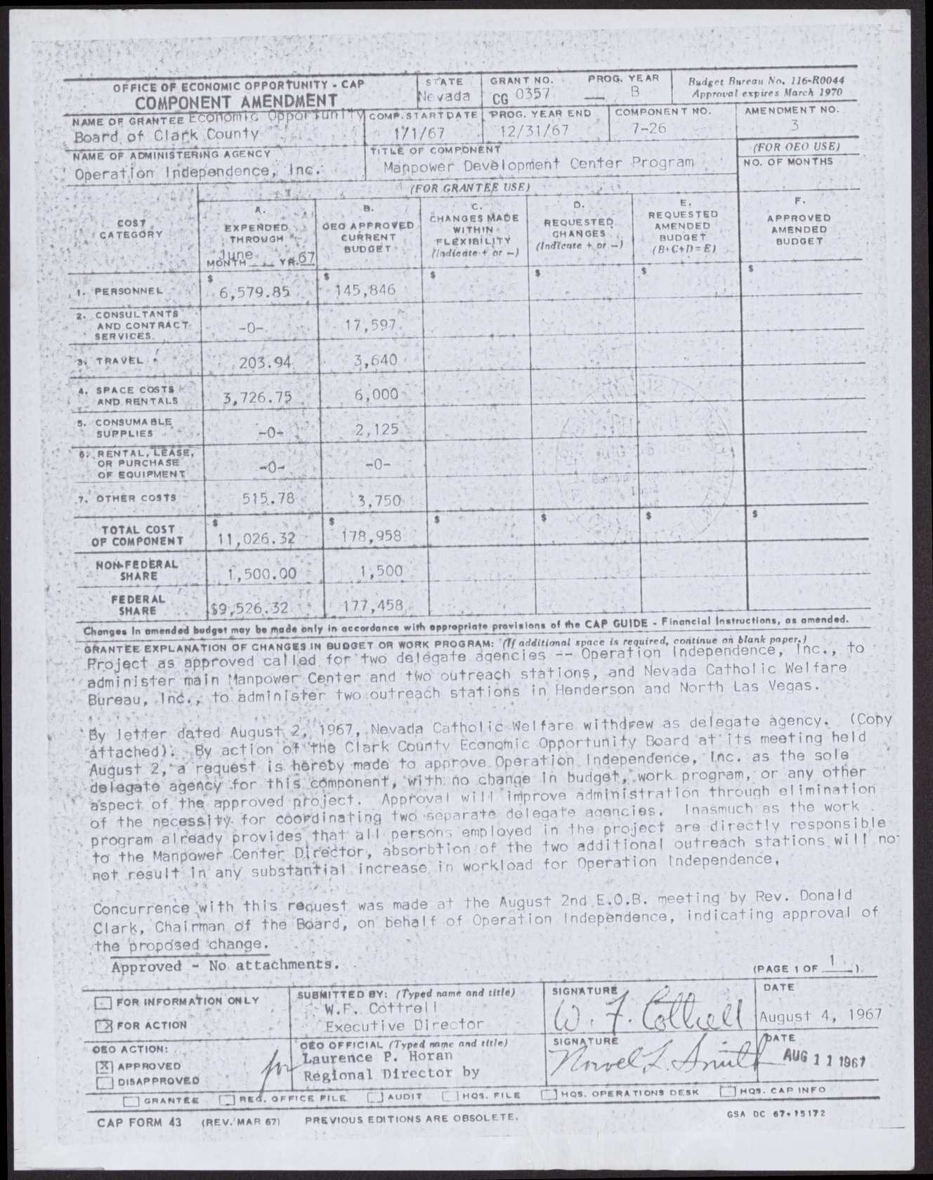 Letter to Mr. George Gant from W. F. Cottrell with attached copies of approval papers relating to the Manpower project (4 pages), August 16, 1967, page 2