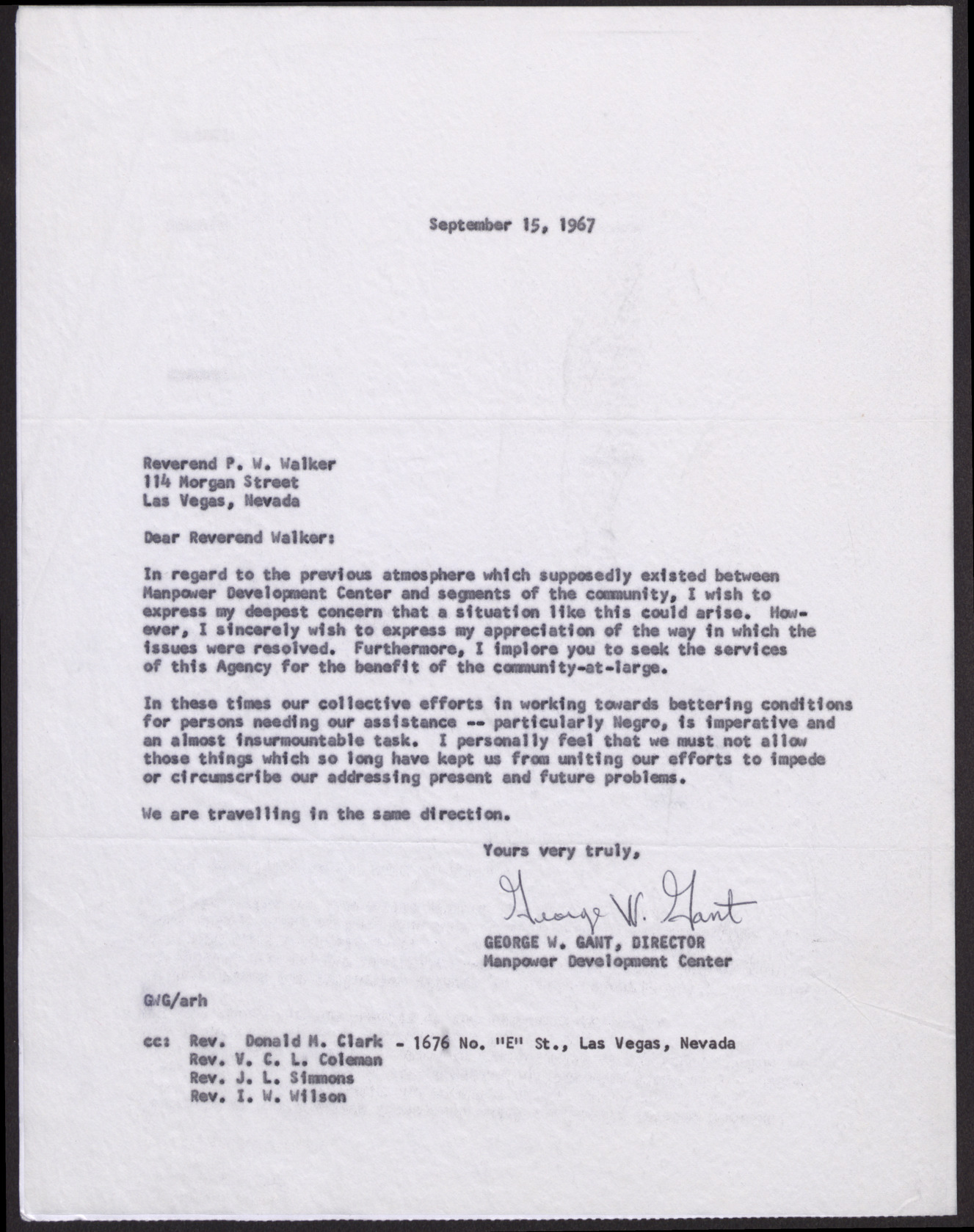 Letter to Reverend P. W. Walker from George W. Gant, September 15, 1967