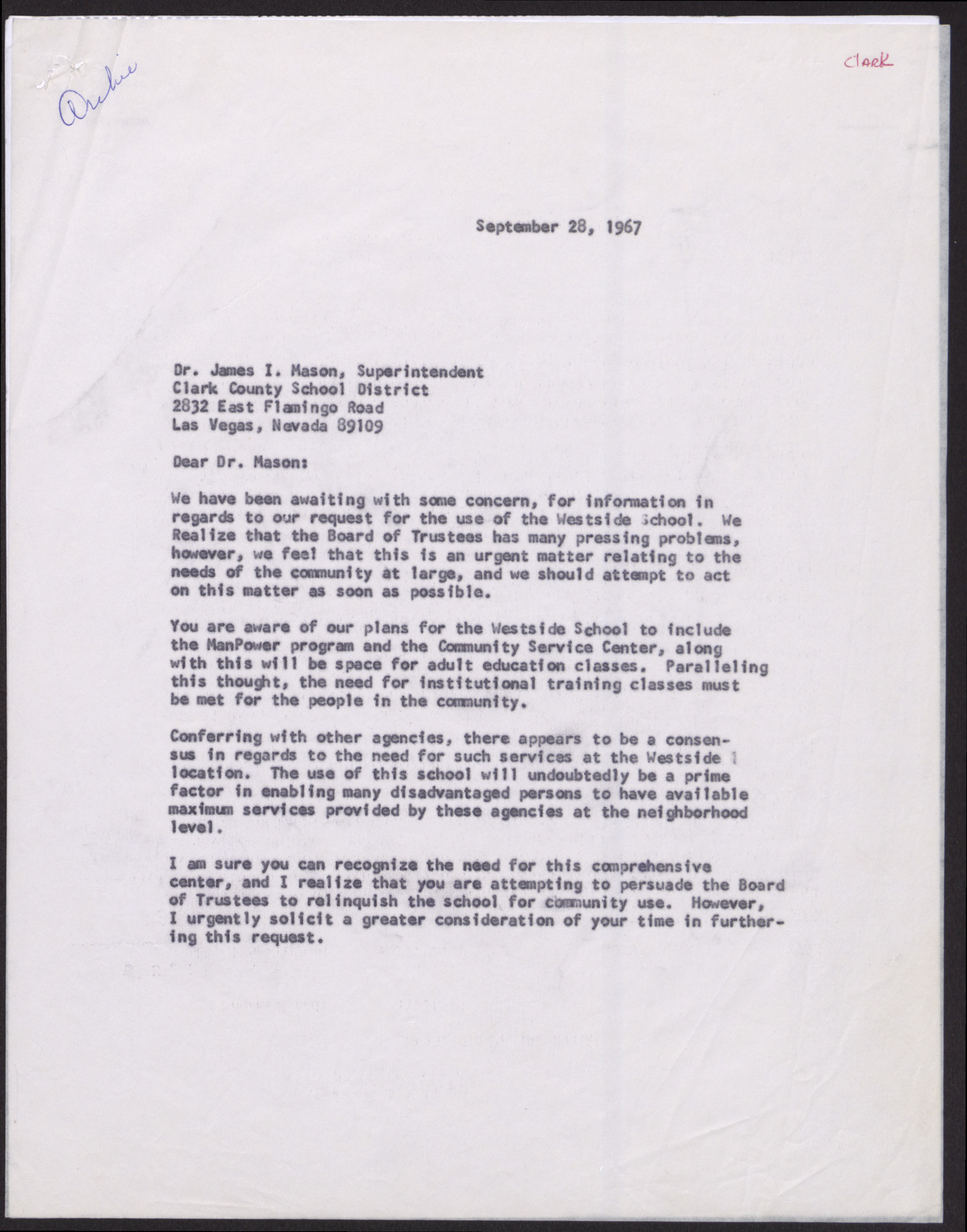 Letter to James I. Mason from George W. Gant (2 pages), September 28, 1967
