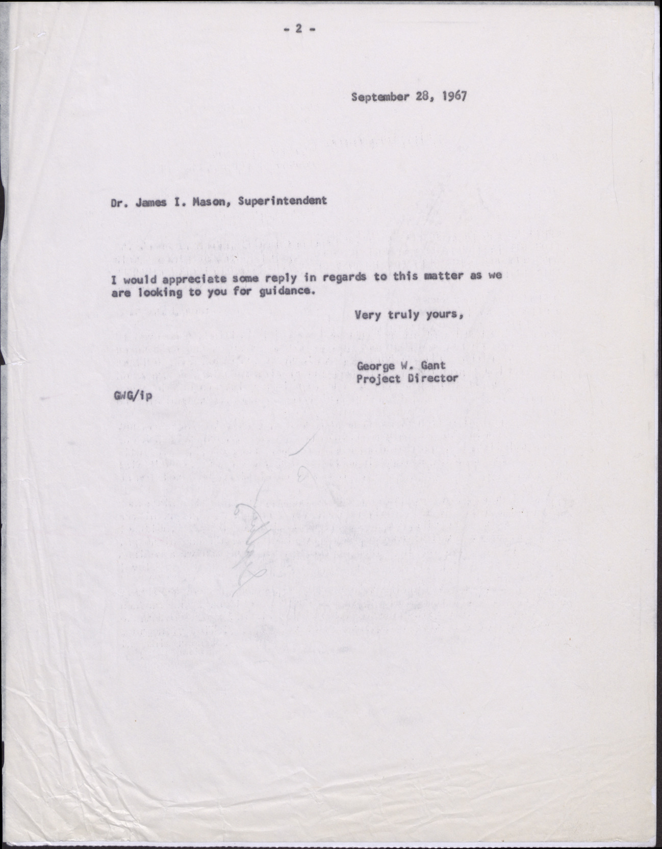 Letter to James I. Mason from George W. Gant (2 pages), September 28, 1967, page 2
