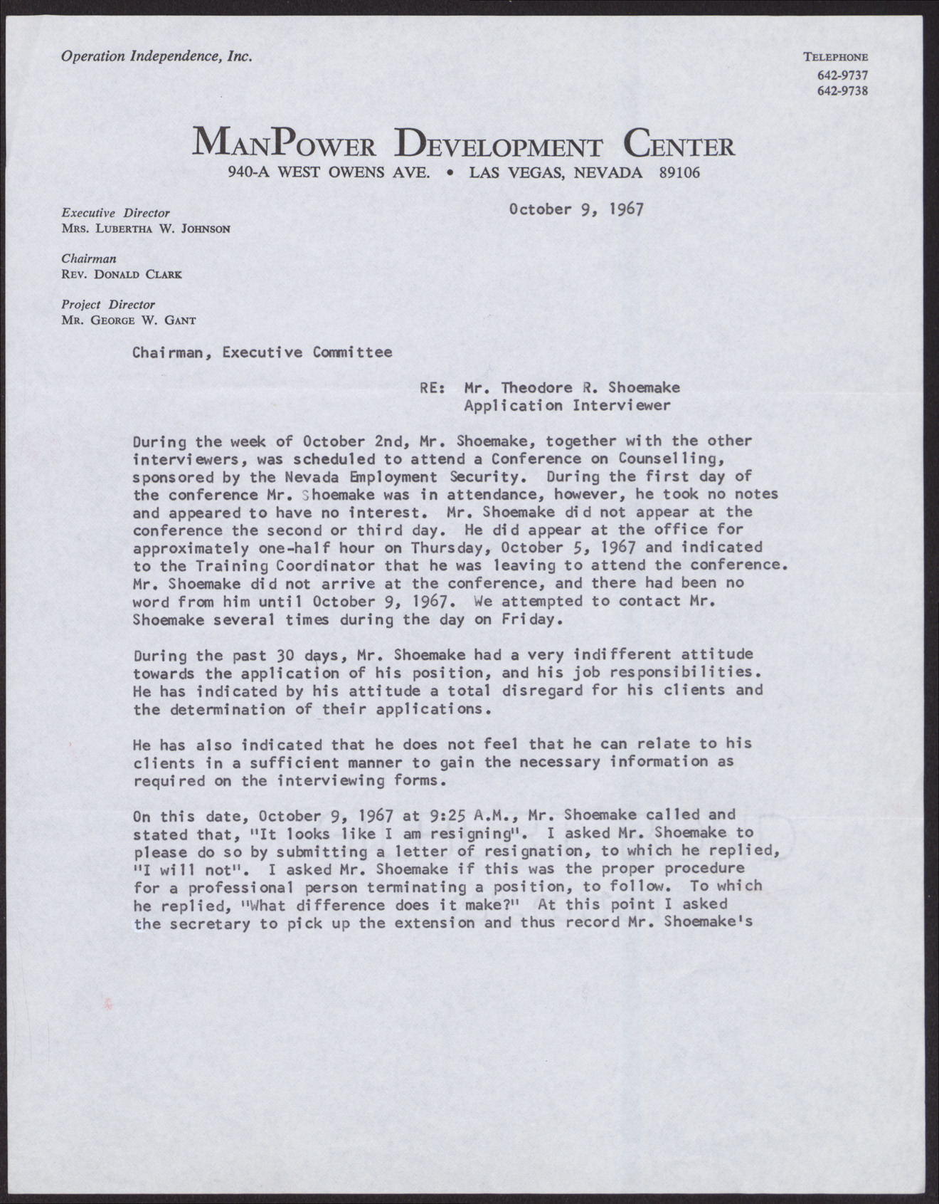 Letter regarding Mr. Theodore R. Shoemake from George W. Gant (2 pages), October 9, 1967