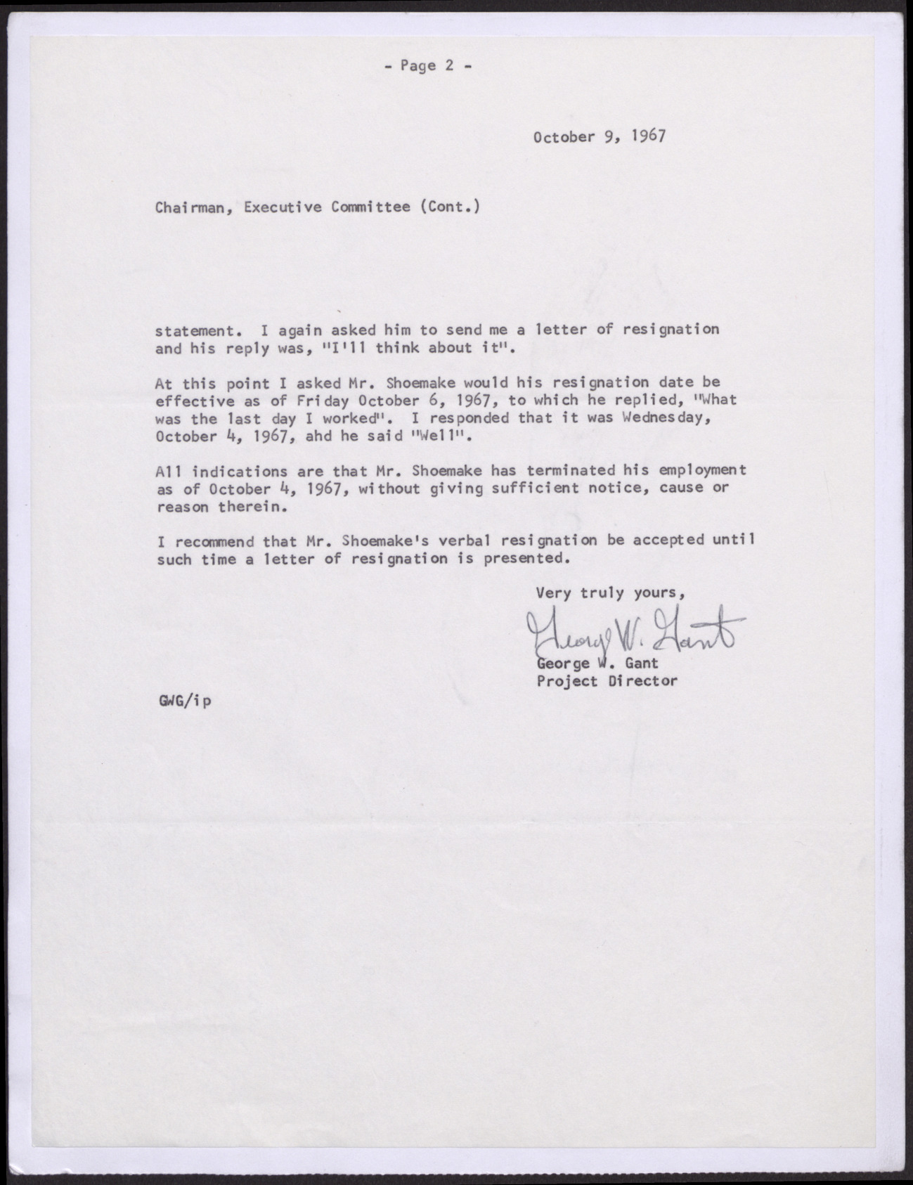 Letter regarding Mr. Theodore R. Shoemake from George W. Gant (2 pages), October 9, 1967, page 2