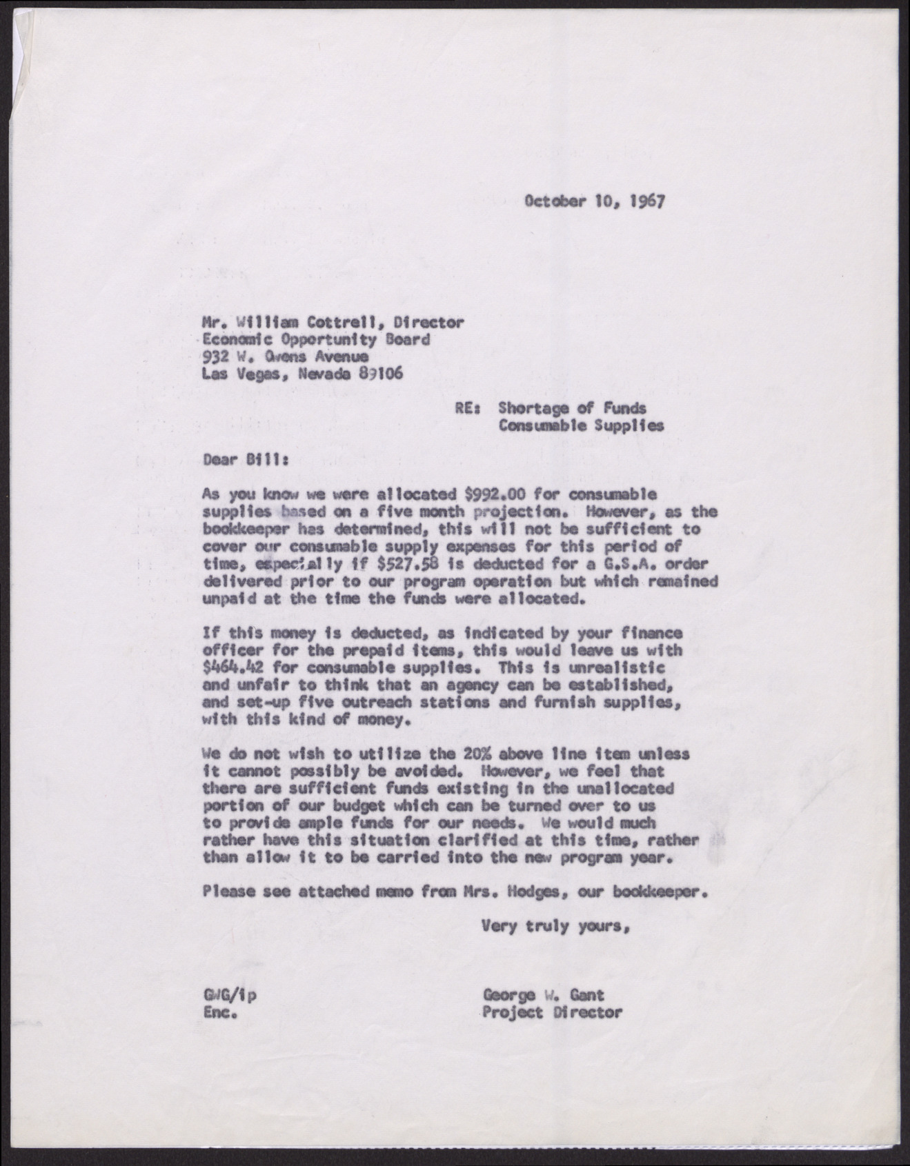 Letter to Mr. William Cottrell from George W. Gant, October 10, 1967