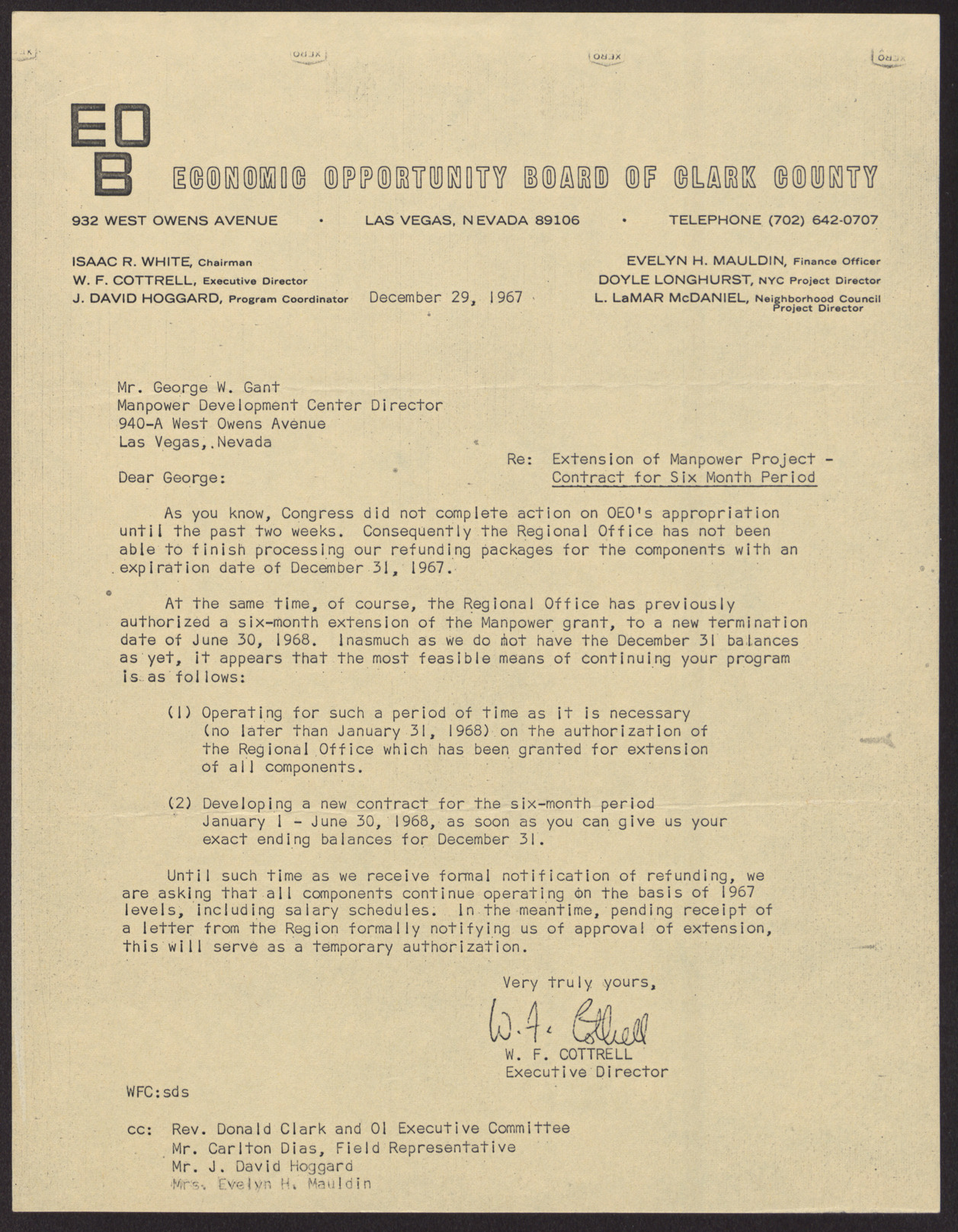 Letter to Mr. George W. Gant from W. F. Cottrell, December 29, 1967