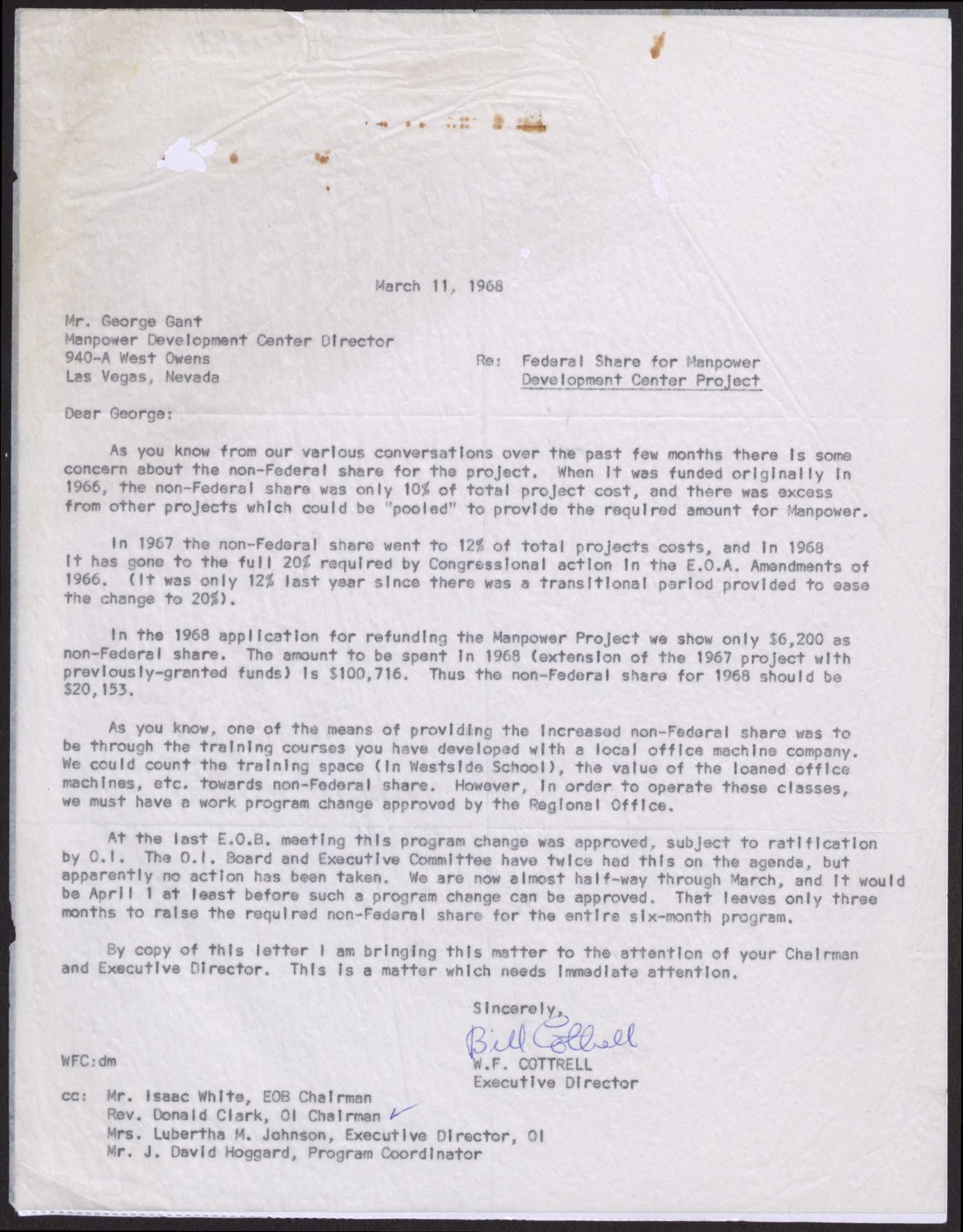 Letter to Mr. George W. Gant from W. F. Cottrell, March 11, 1968