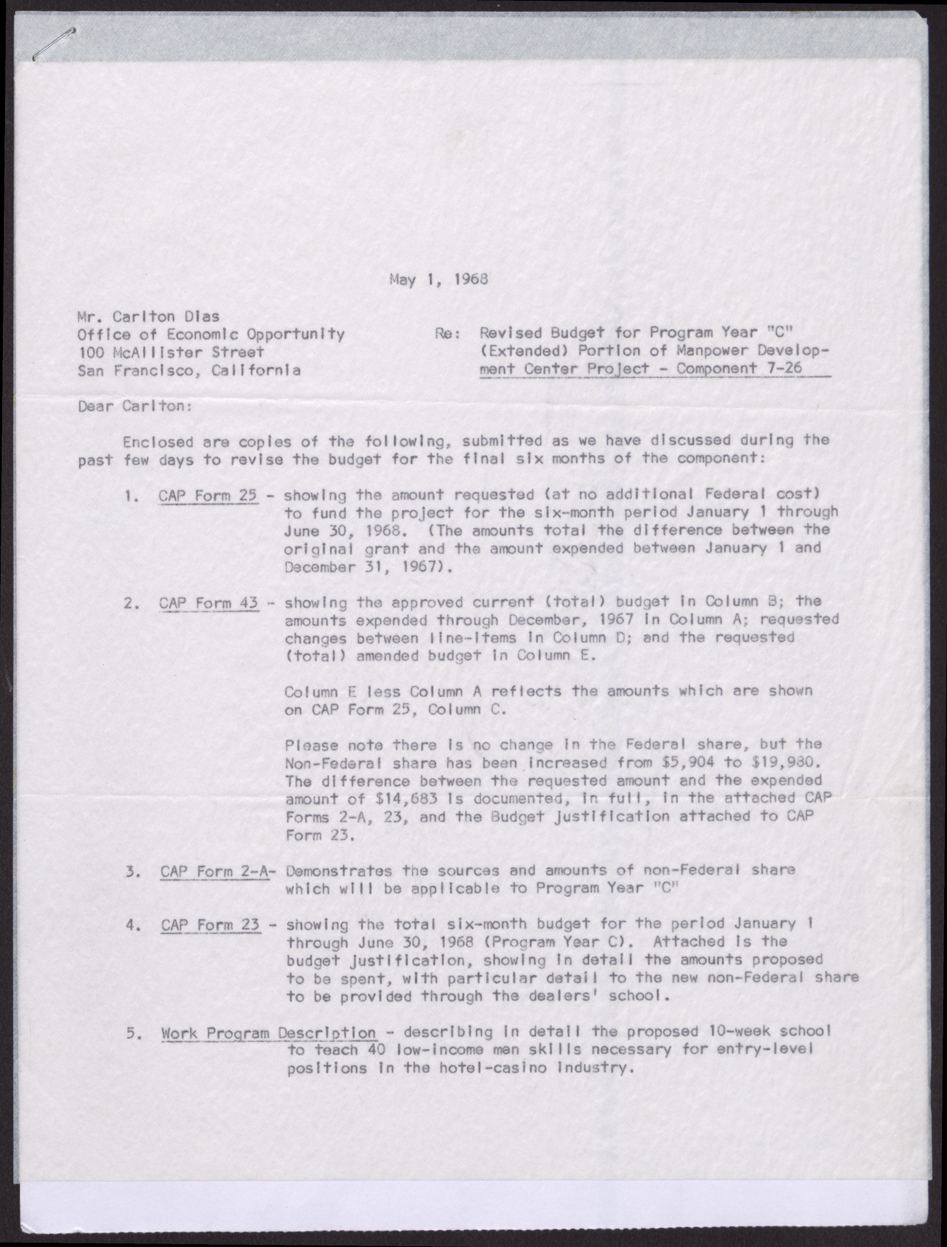 Letter to Mr. Carlton Dias from W. F. Cottrell (2 pages), May 1, 1968