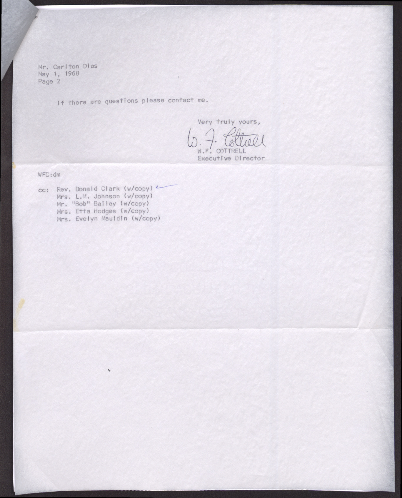 Letter to Mr. Carlton Dias from W. F. Cottrell (2 pages), May 1, 1968, page 2