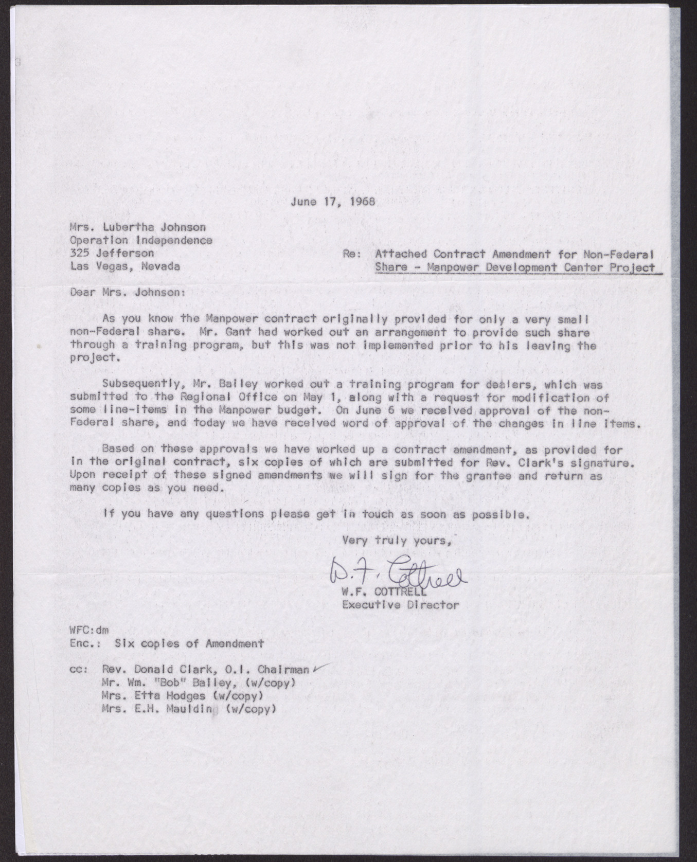 Letter to Mrs. Lubertha Johnson from W. F. Cottrell, June 17, 1968