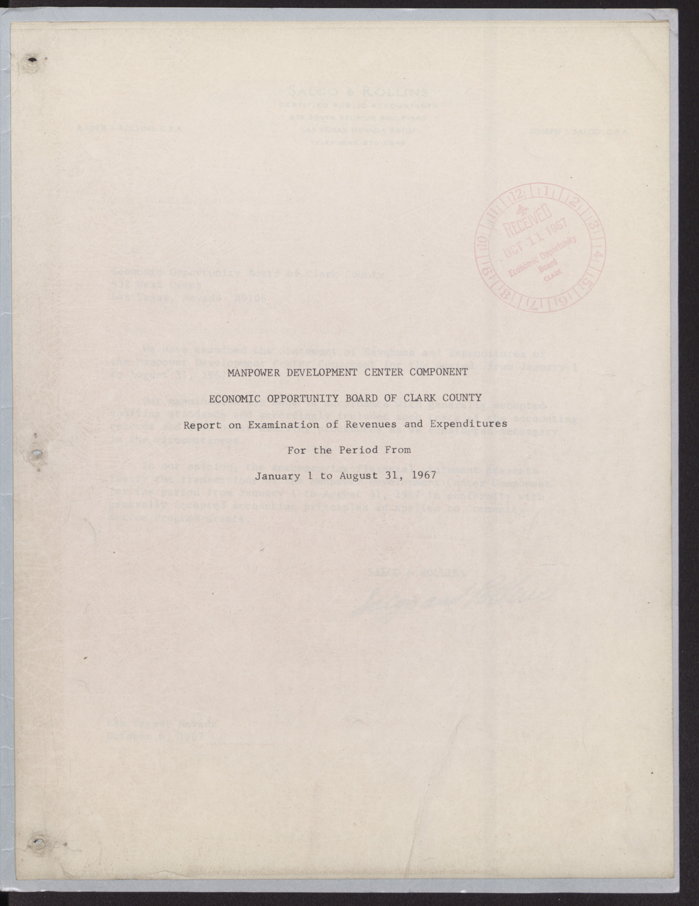 Manpower Development Center Component EOB of Clark County Report on Examination of Revenues and Expenditures for the period from January 1 to August 31, 1967 (5 pages), page 2