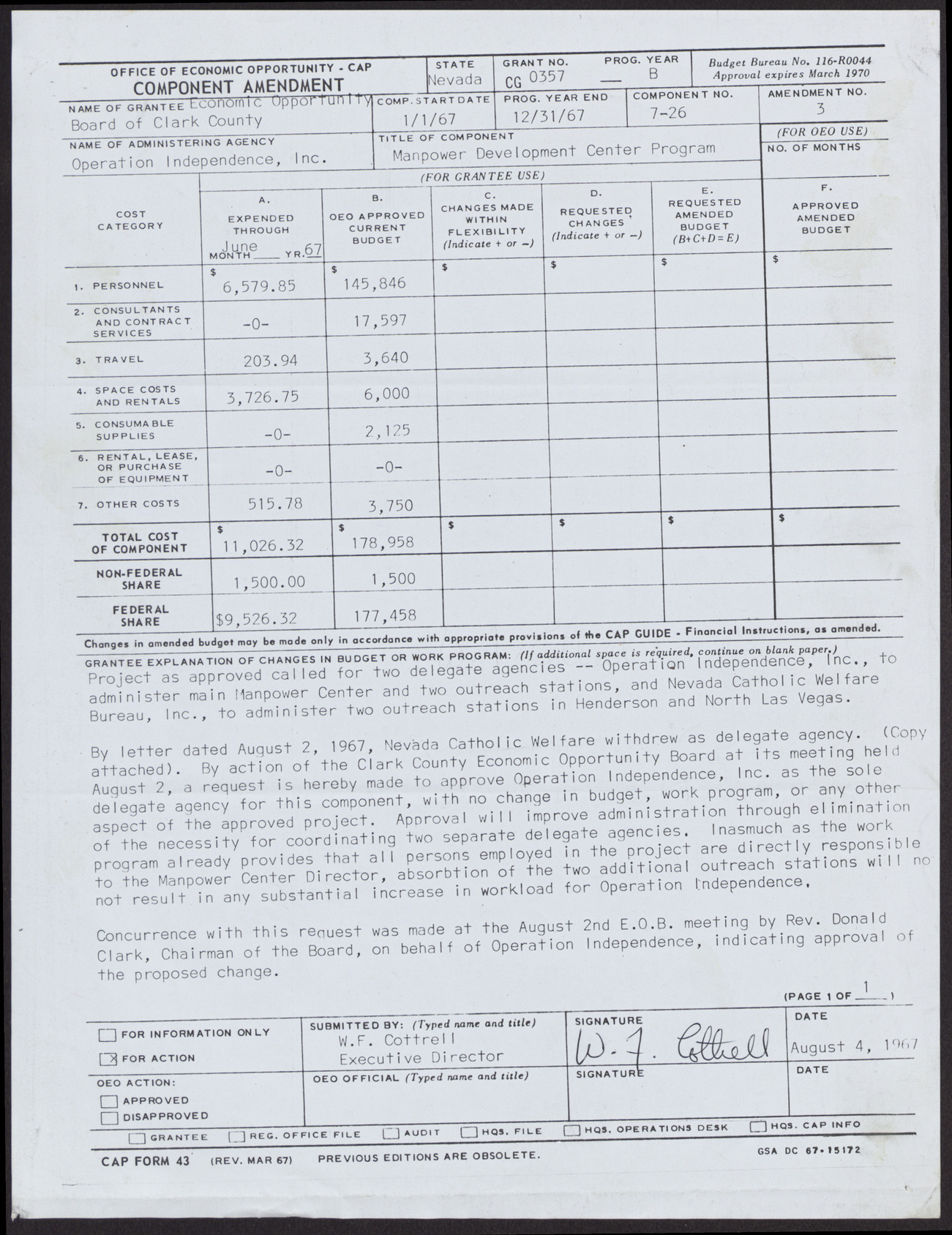 Copy of approved CAP form (2 pages), August 4, 1967