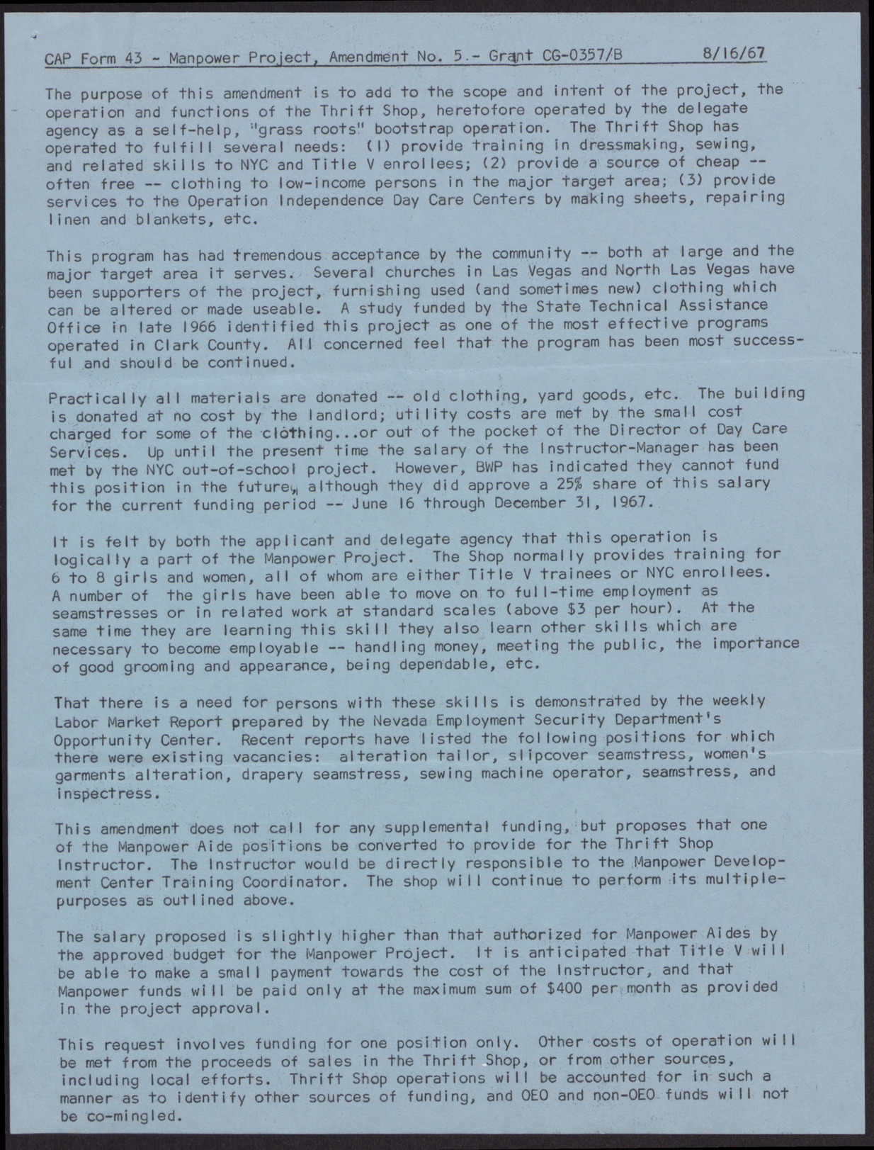 Manpower Project, Amendment No. 5 (2 pages), August 16, 1967