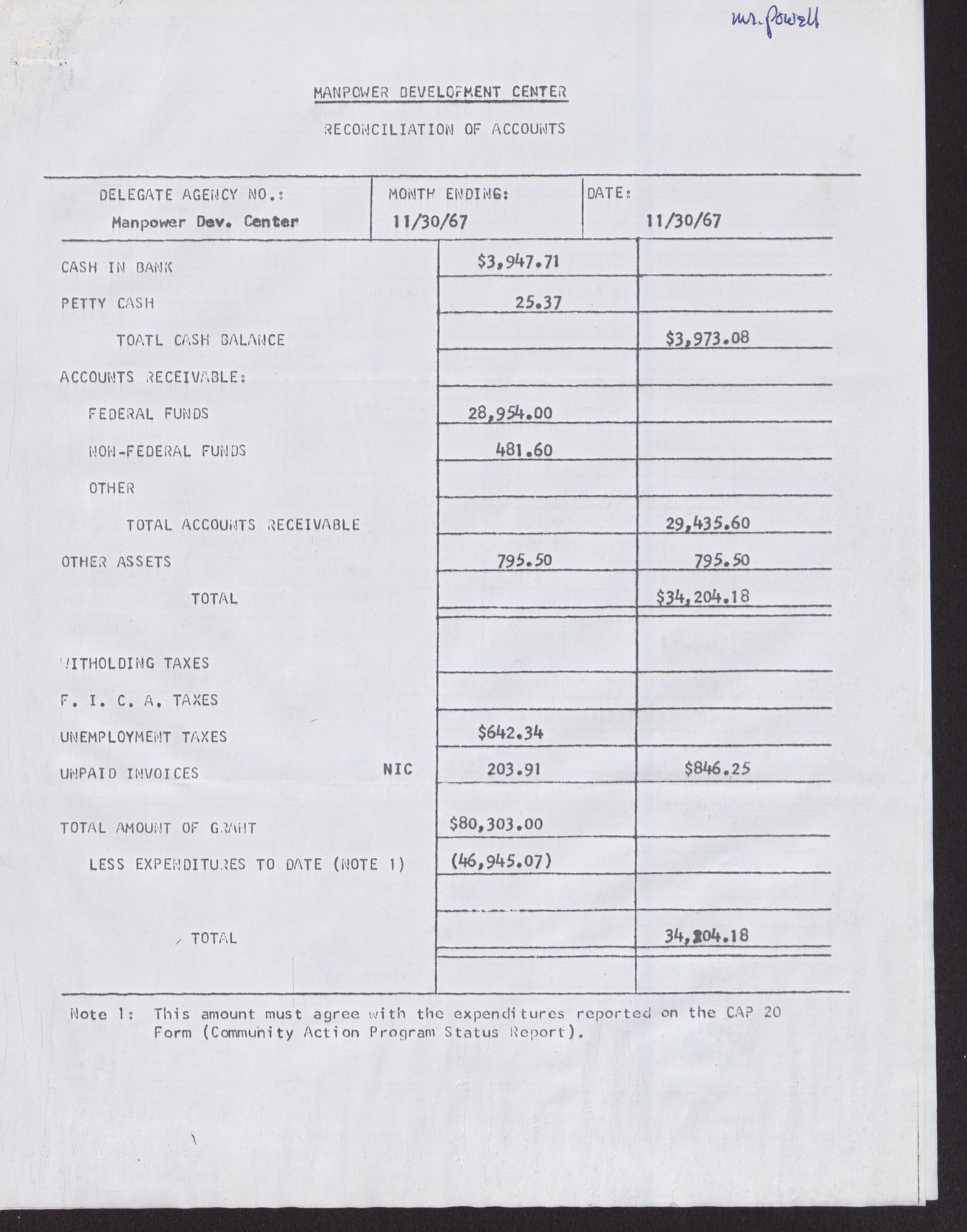 Manpower Development Center's Reconciliation of Accounts, November 30, 1967