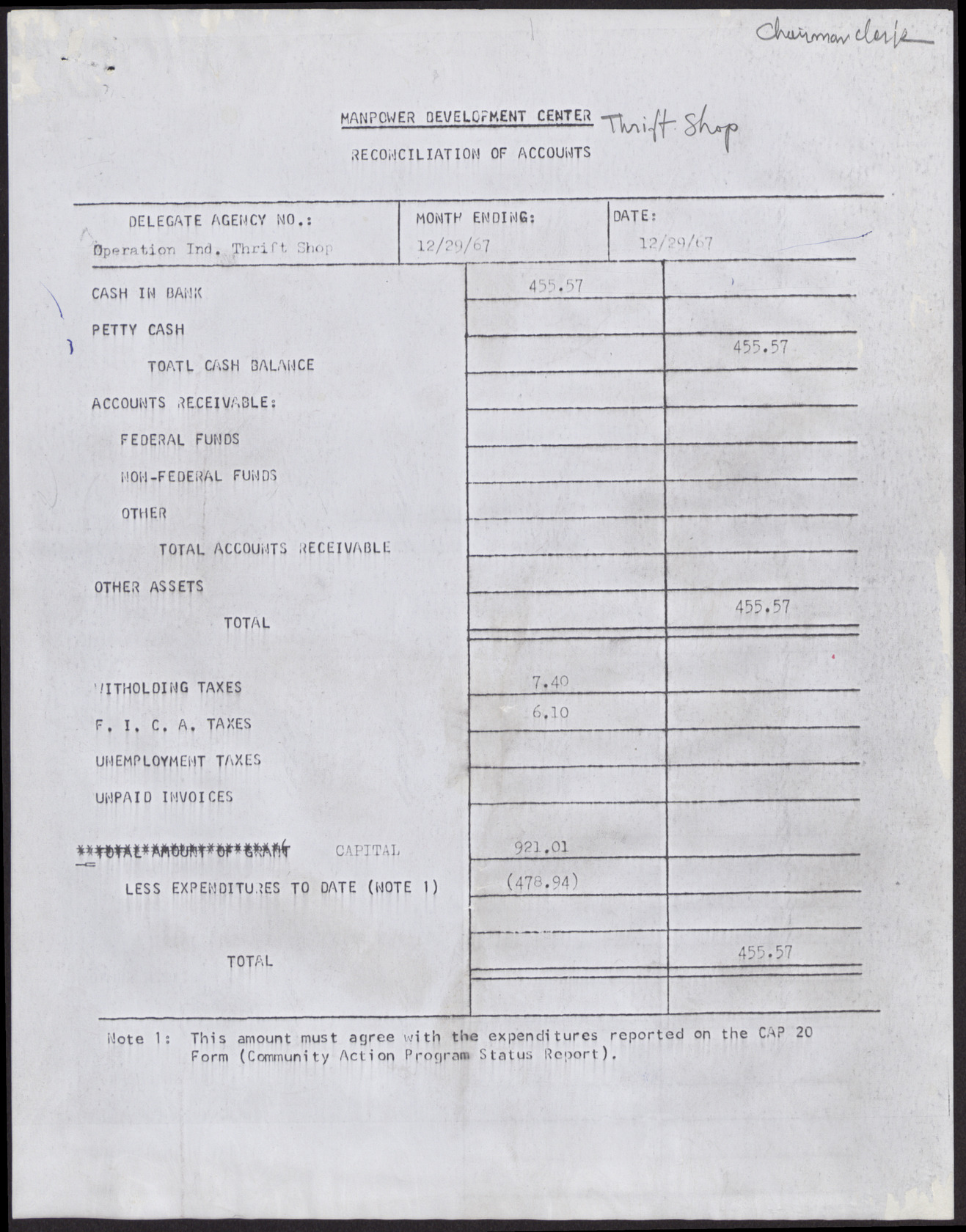 Manpower Development Center's Reconciliation of Accounts, December 29, 1967