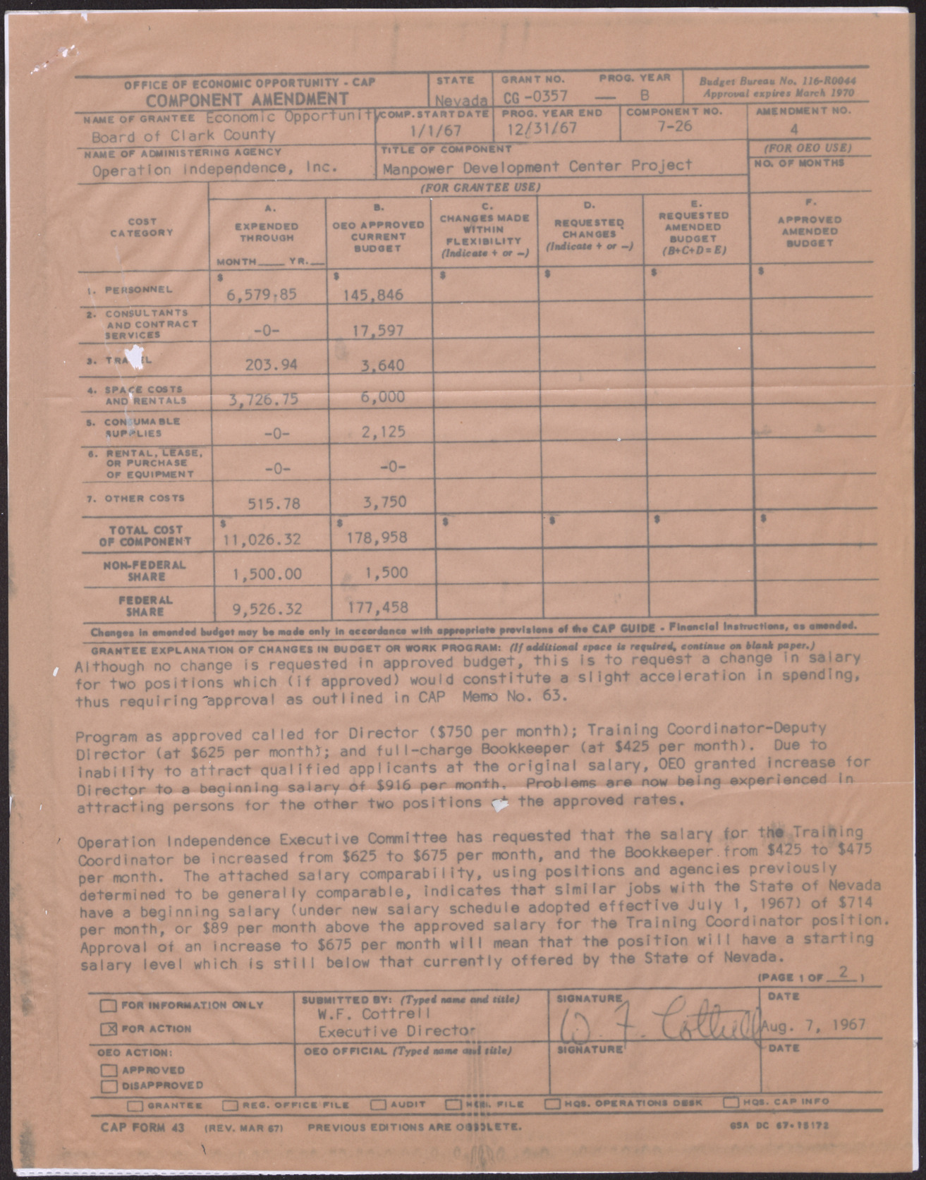 Approval of CAP form (3 pages), August 7, 1967