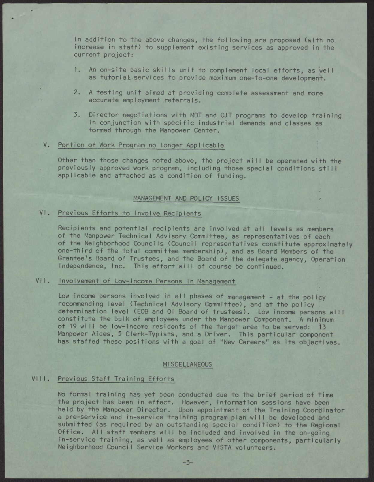 Work Program Description for the Manpower Development Center Project (4 pages), no date, page 3