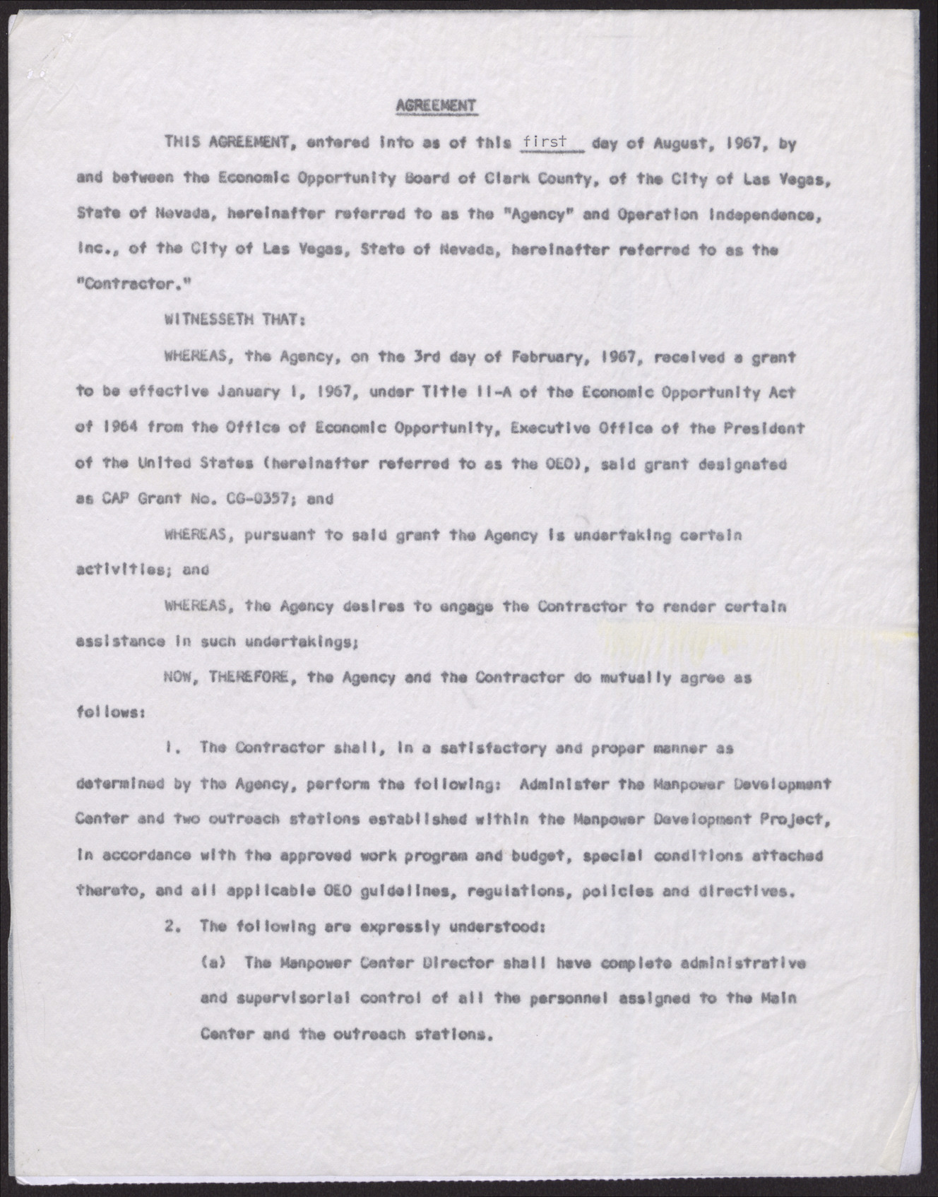 Contract of Agreement between the EOB and Operation Independence, Inc. (4 pages), August 1, 1967