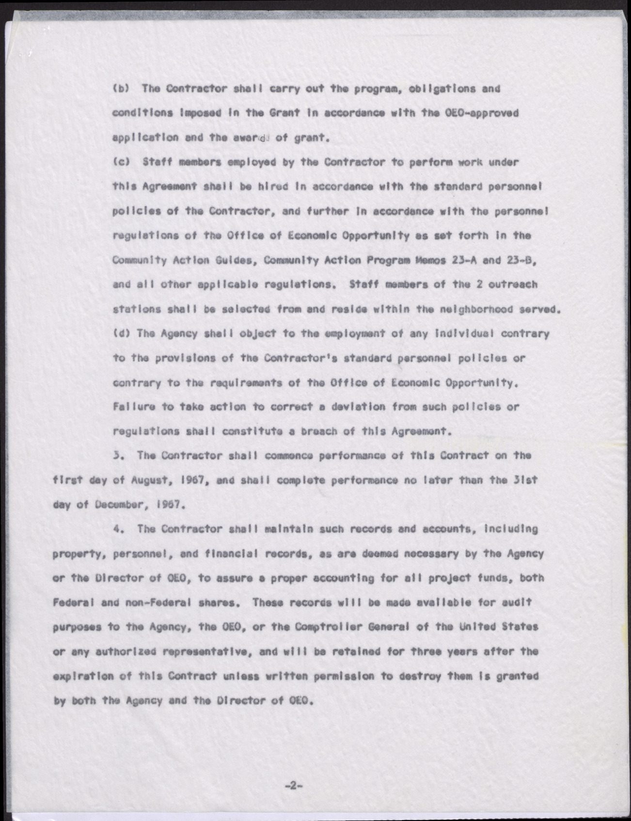 Contract of Agreement between the EOB and Operation Independence, Inc. (4 pages), August 1, 1967, page 2