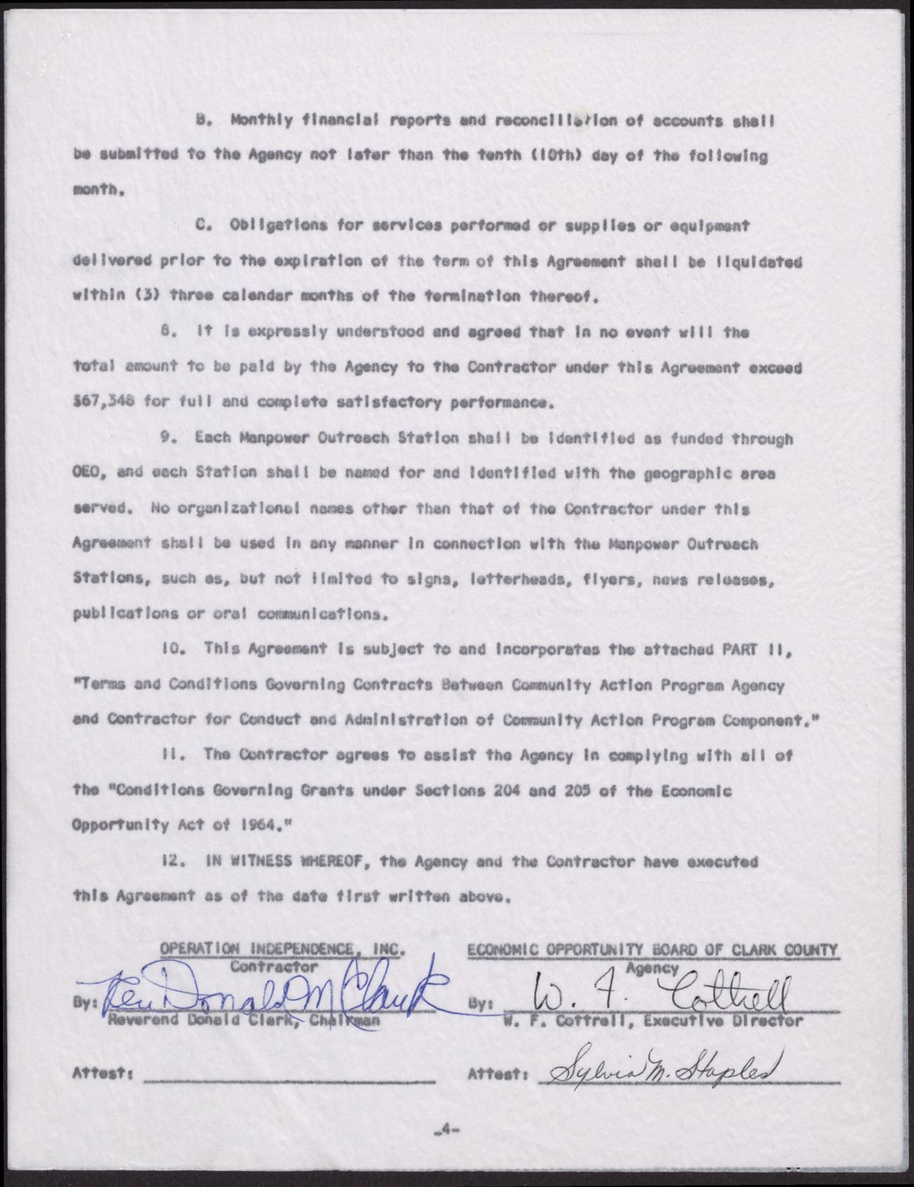 Contract of Agreement between the EOB and Operation Independence, Inc. (4 pages), August 1, 1967, page 4