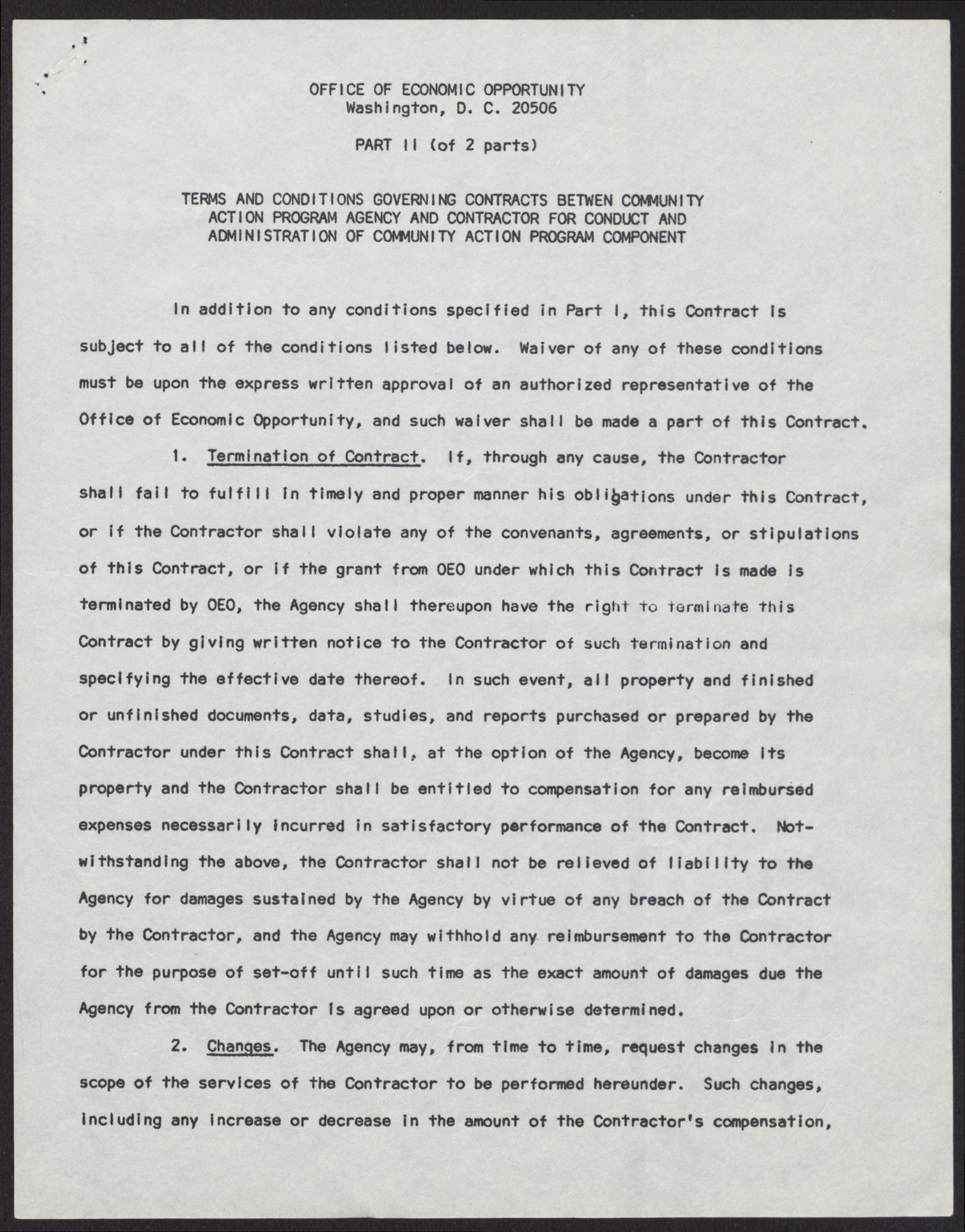 Terms and Conditions Governing Contracts between Community Action Program Agency and Contractor for Conduct and Administration of Community Action Program Component (5 pages), no date