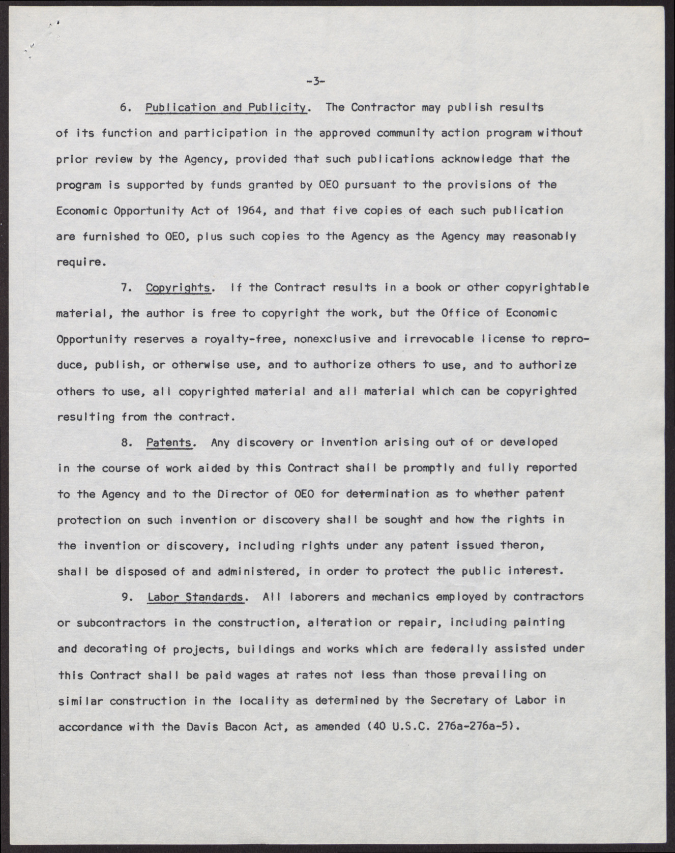 Terms and Conditions Governing Contracts between Community Action Program Agency and Contractor for Conduct and Administration of Community Action Program Component (5 pages), no date, page 3