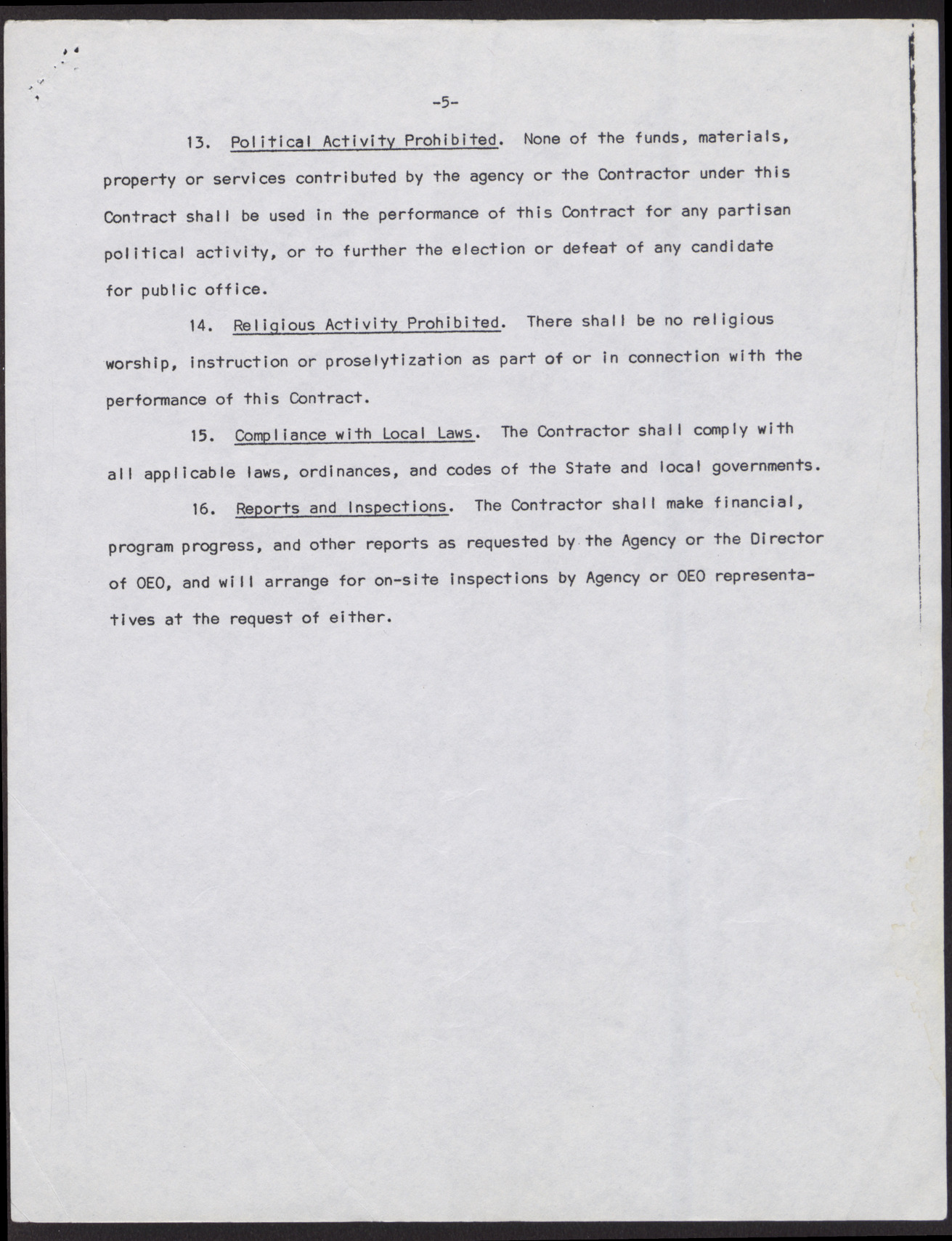 Terms and Conditions Governing Contracts between Community Action Program Agency and Contractor for Conduct and Administration of Community Action Program Component (5 pages), no date, page 5