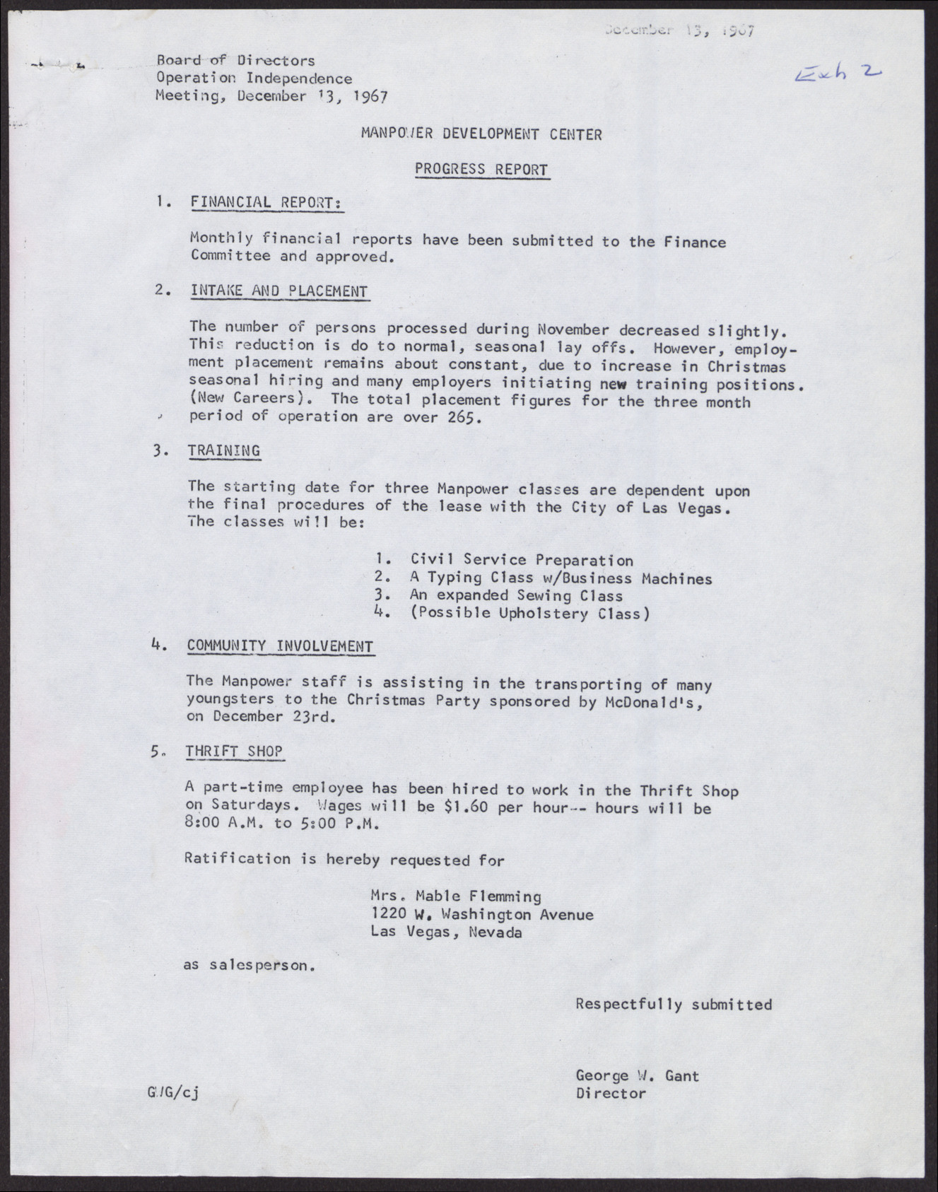 Manpower Development center Progress Report and list of personnel (2 pages), December 13, 1967