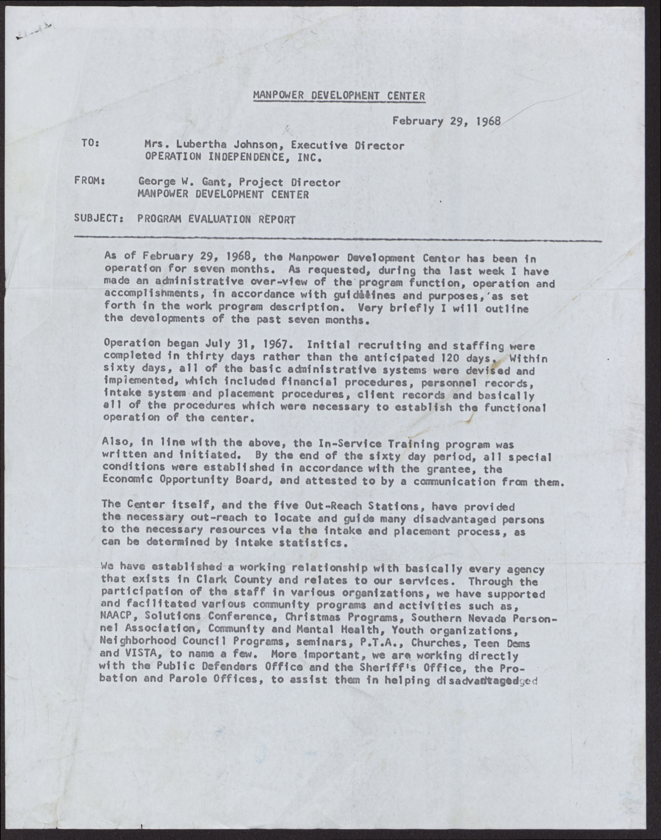 Letter to Mrs. Lubertha Johnson from George W. Gant (3 pages), February 29, 1968