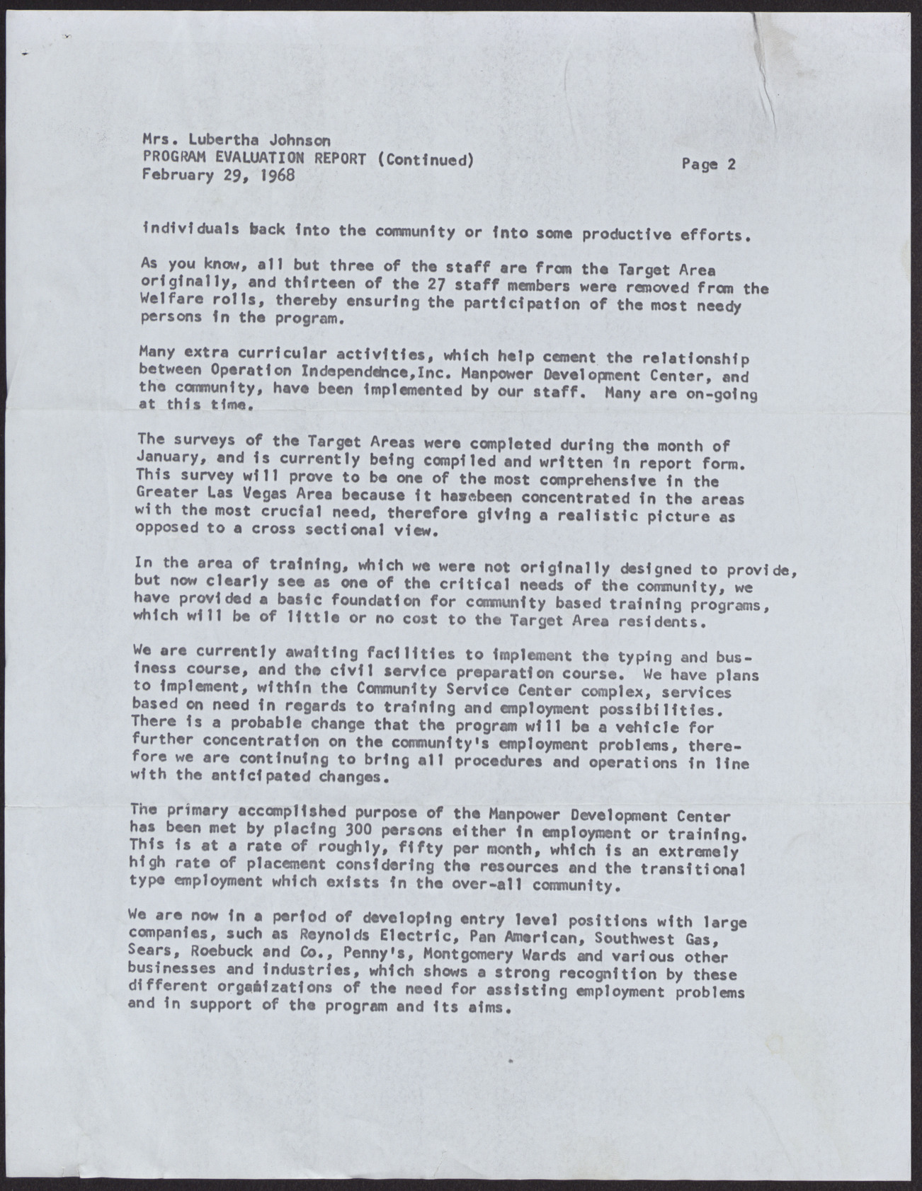 Letter to Mrs. Lubertha Johnson from George W. Gant (3 pages), February 29, 1968, page 2