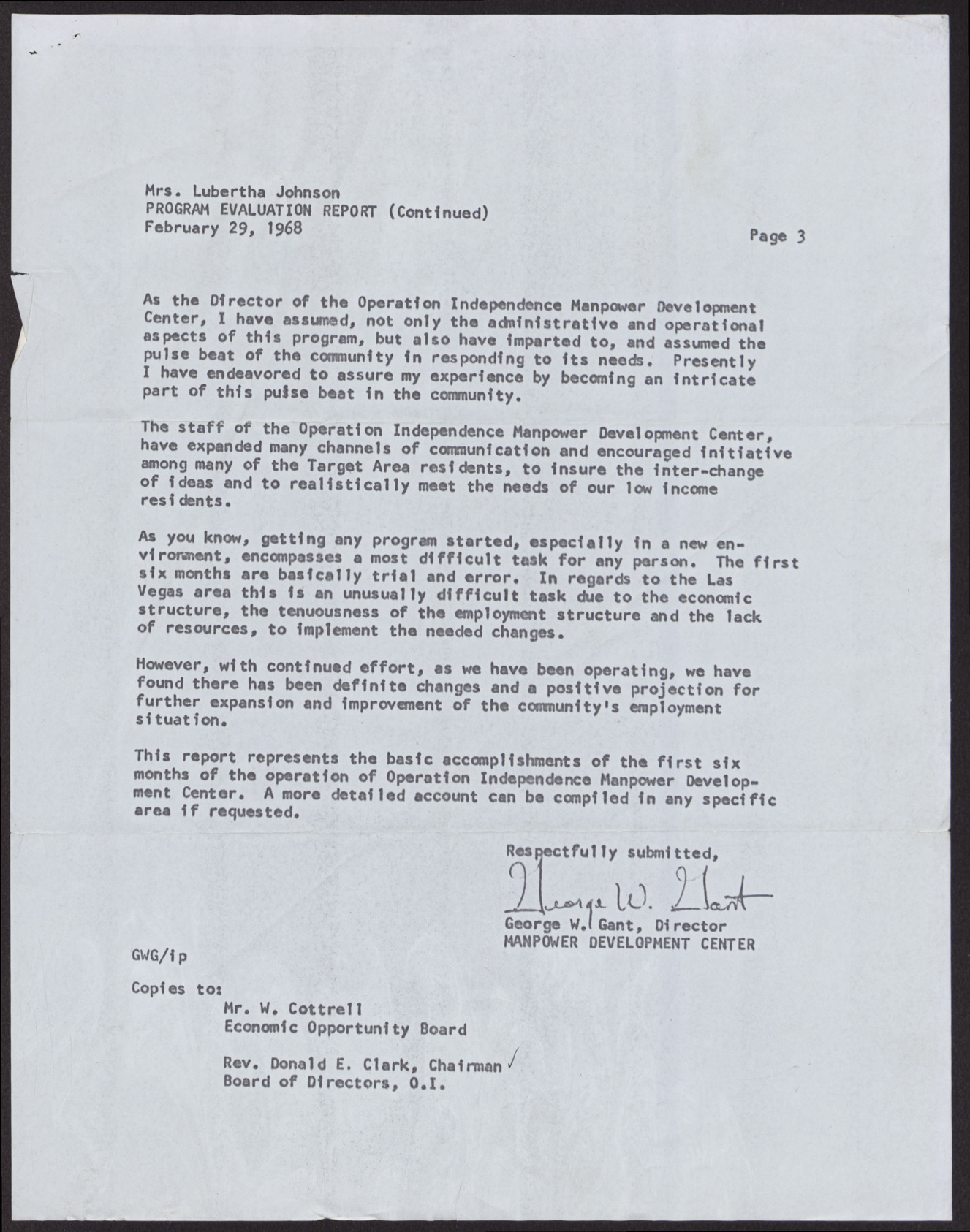Letter to Mrs. Lubertha Johnson from George W. Gant (3 pages), February 29, 1968, page 3