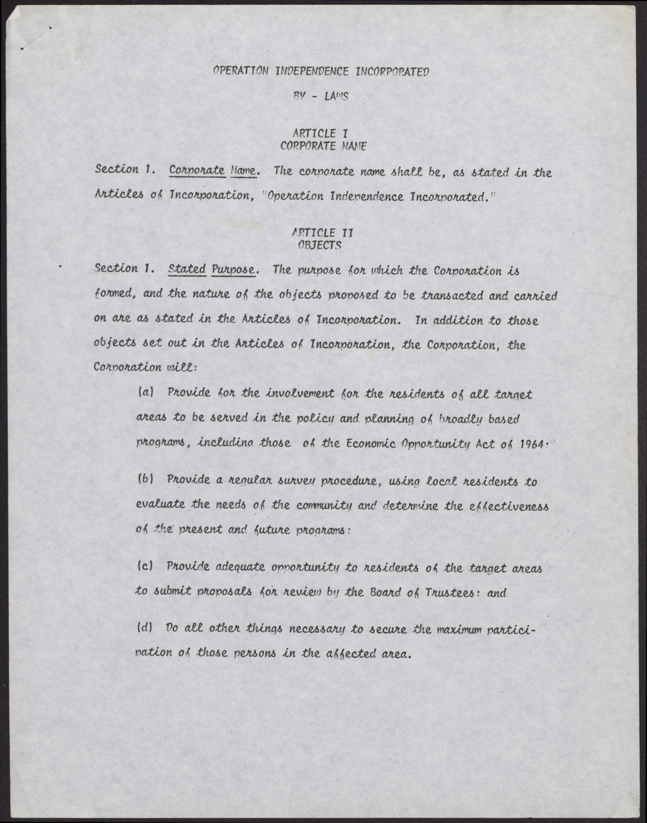 Operation Independence Incorporated Bylaws (9 pages), no date