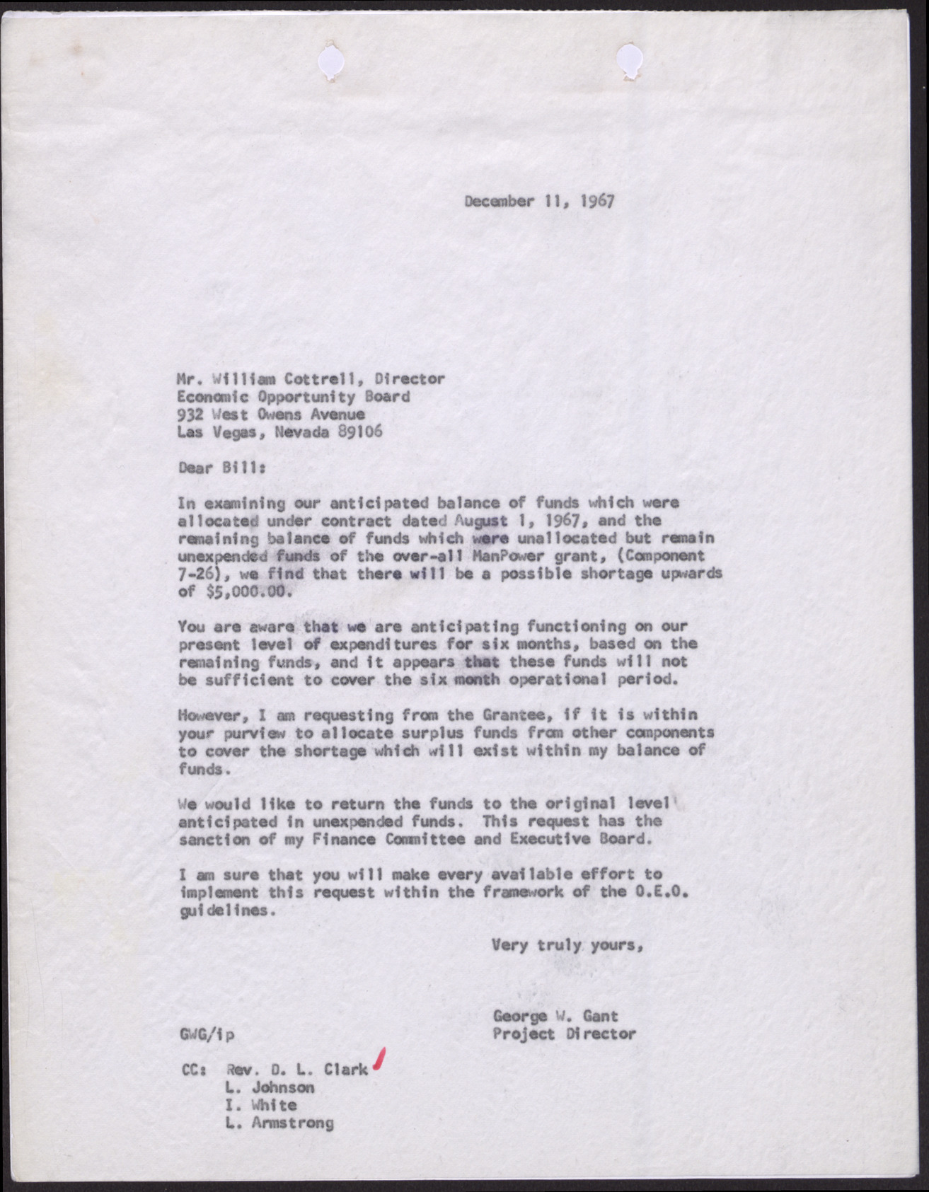 Letter to Mr. William Cottrell from George W. Gant, December 11, 1967