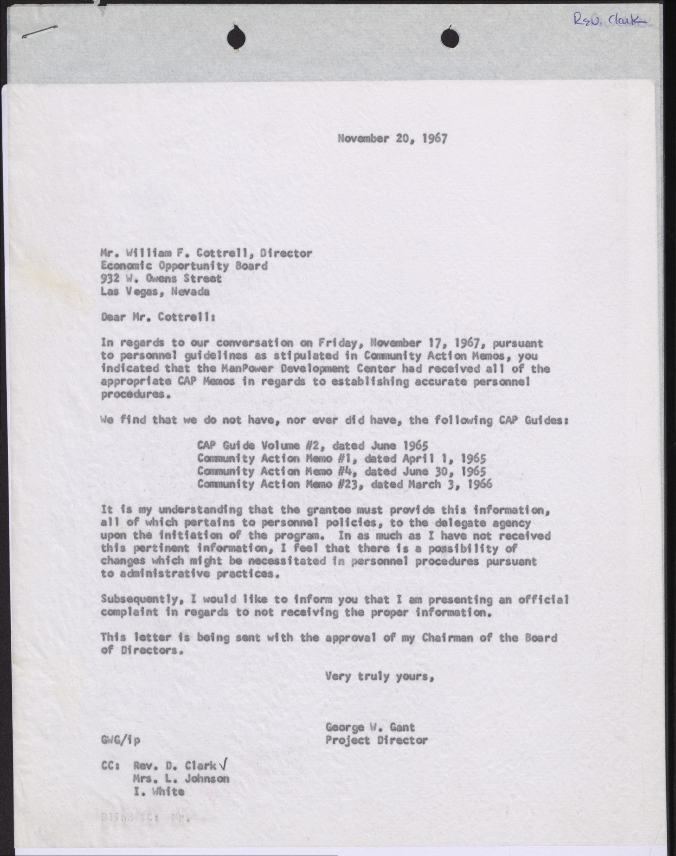 Letter to Mr. William F. Cottrell from George W. Gant, November 20, 1967