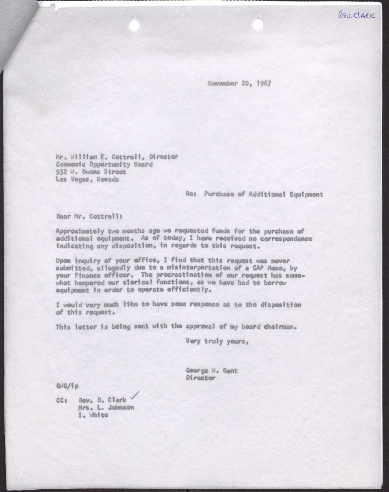 Letter to Mr. William F. Cottrell from George W. Gant, November 20, 1967