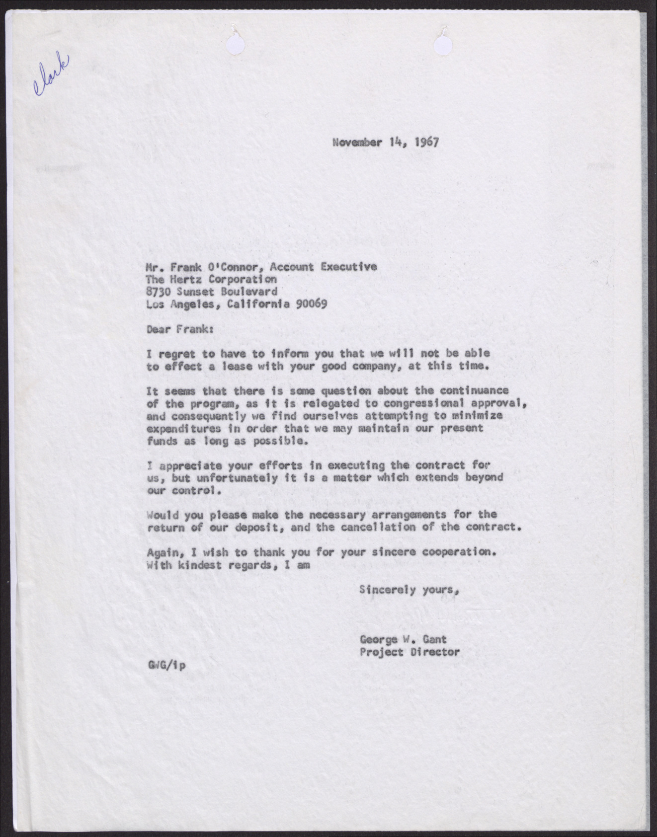 Letter to Mr. Frank O'Connor from George W. Gant, November 14, 1967