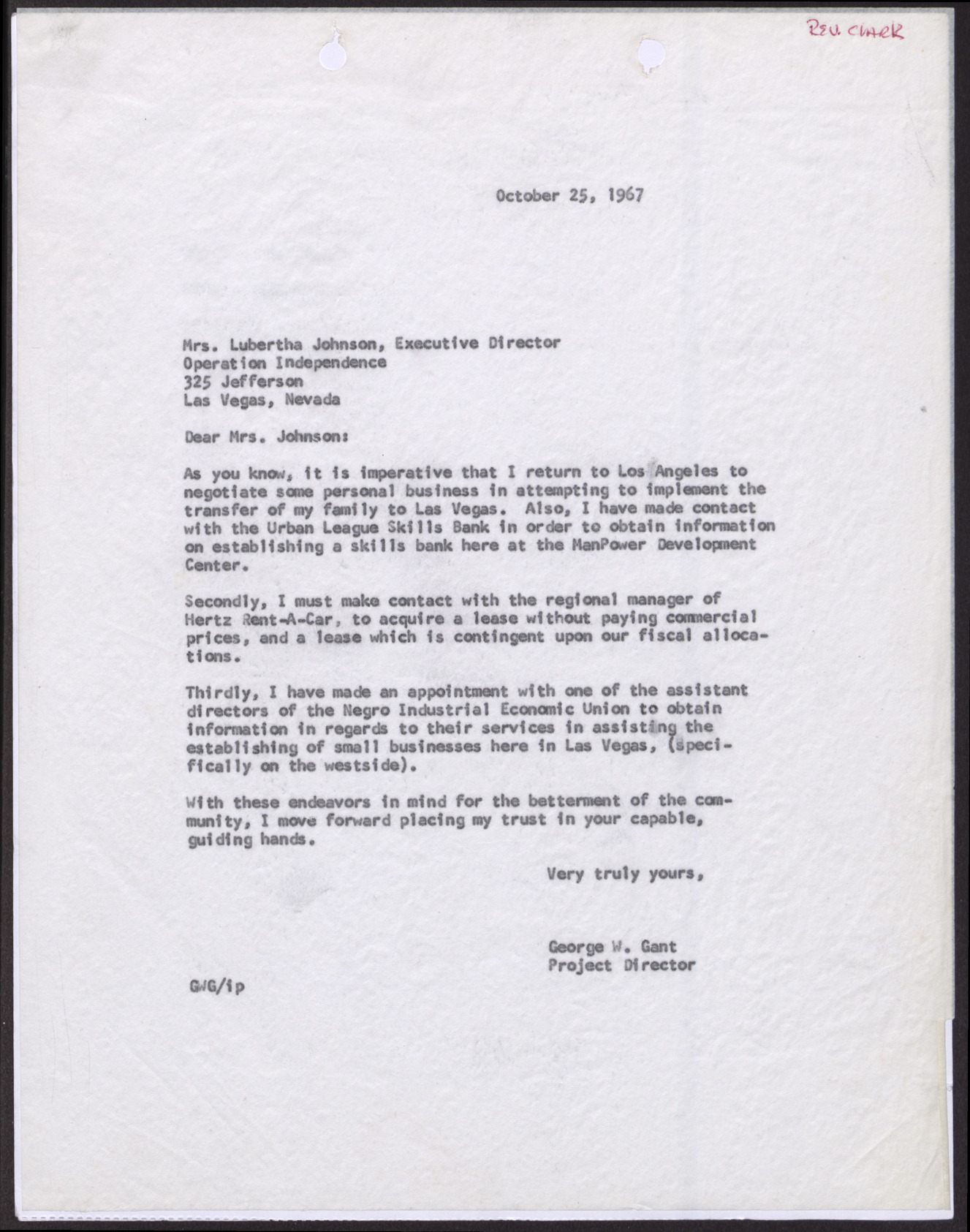 Letter to Mrs. Lubertha Johnson from George W. Gant, October 25, 1967