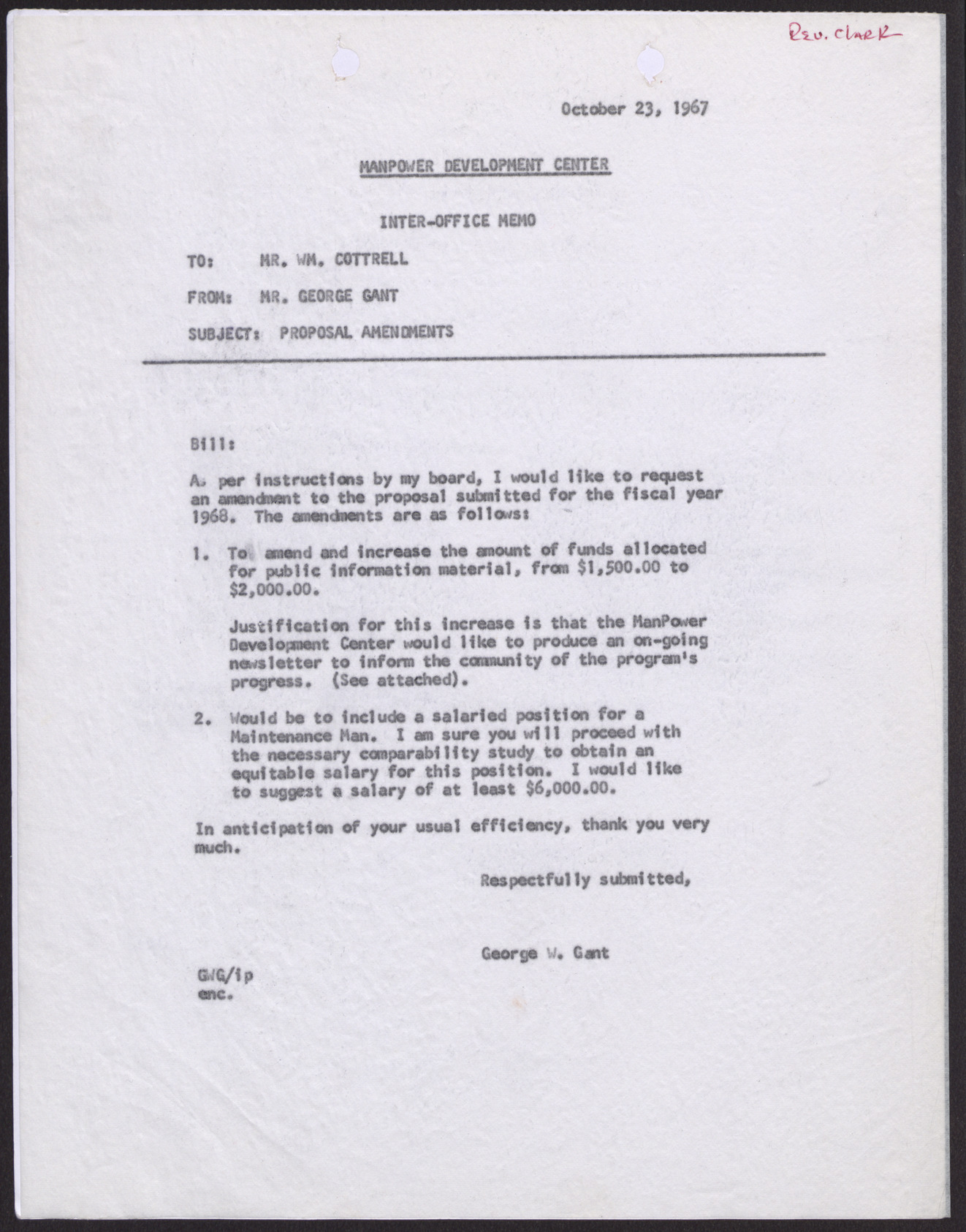 Letter to Mr. Wm. Cottrell from George W. Gant, October 23, 1967