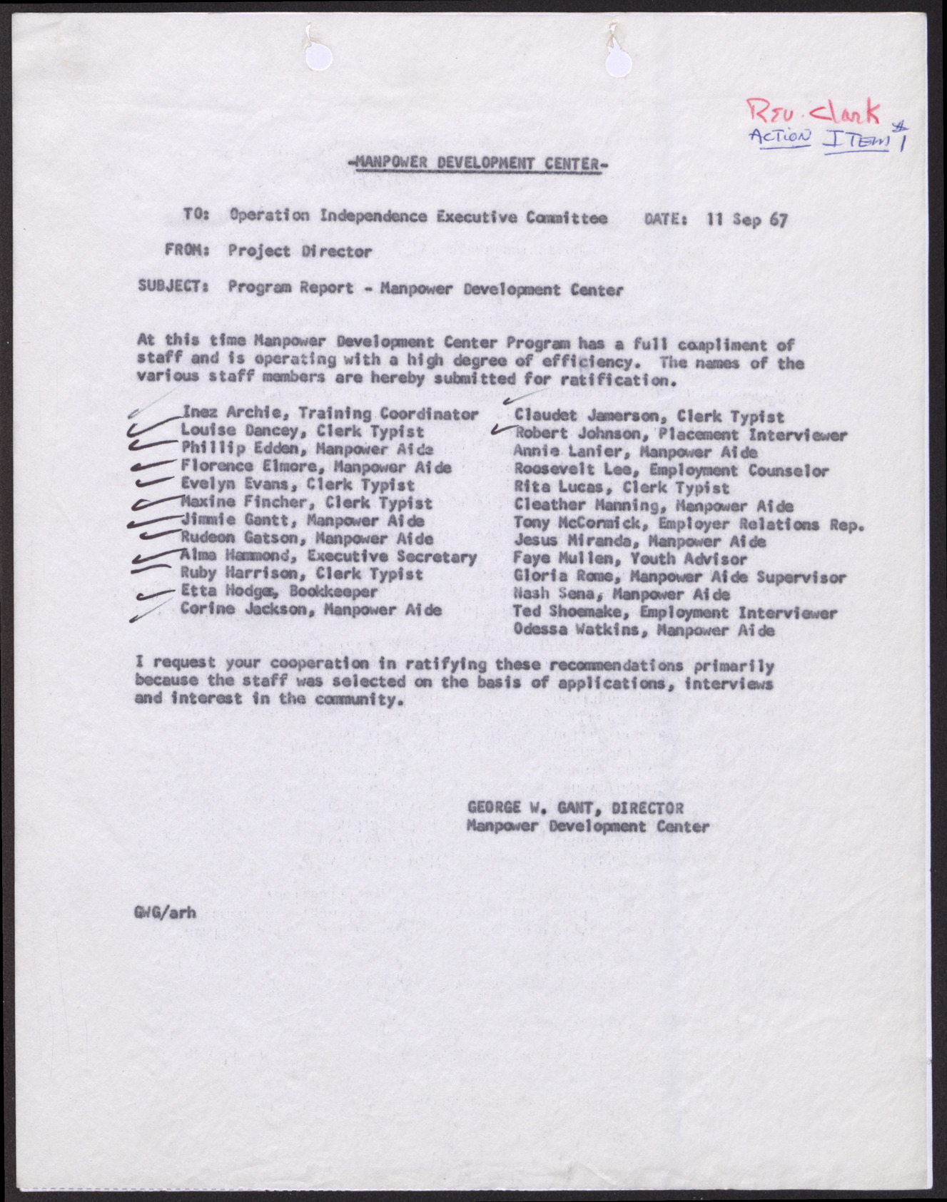 Letter to the Operation Independence Executive Committee from George W. Gant, September 11, 1967