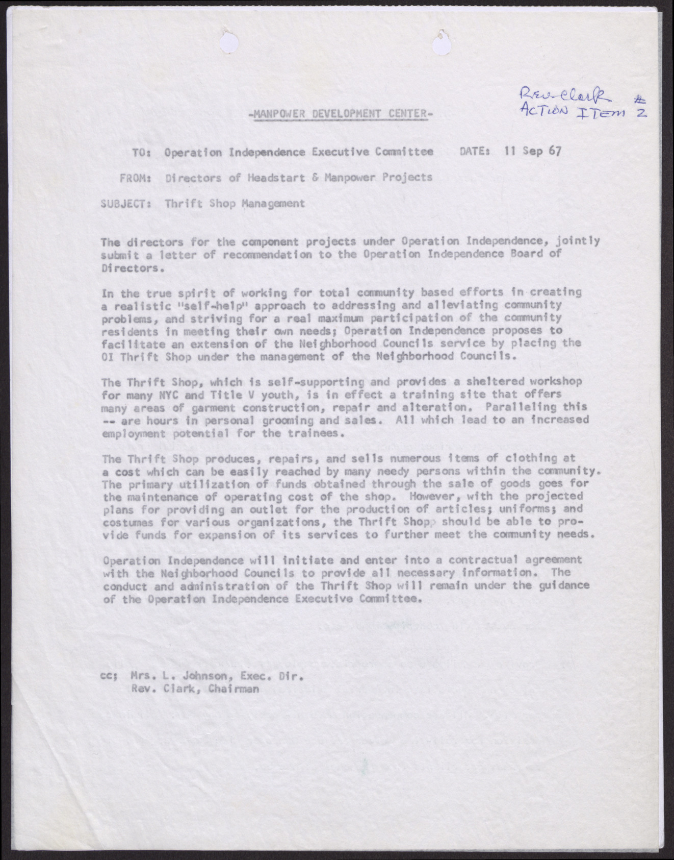 Letter to the Operation Independence Executive Committee from the Directors of Headstart and Manpower Projects, September 11, 1967